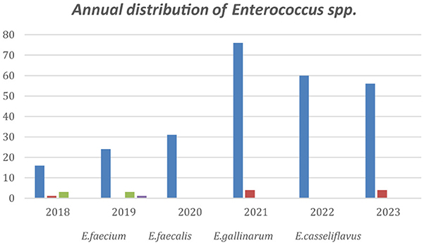 Bar chart showing annual distribution of Enterococcus species from 2018 to 2023. E. gallinarum had the highest counts, peaking in 2021. E. casseliflavus and E. faecium had lower counts throughout the years.