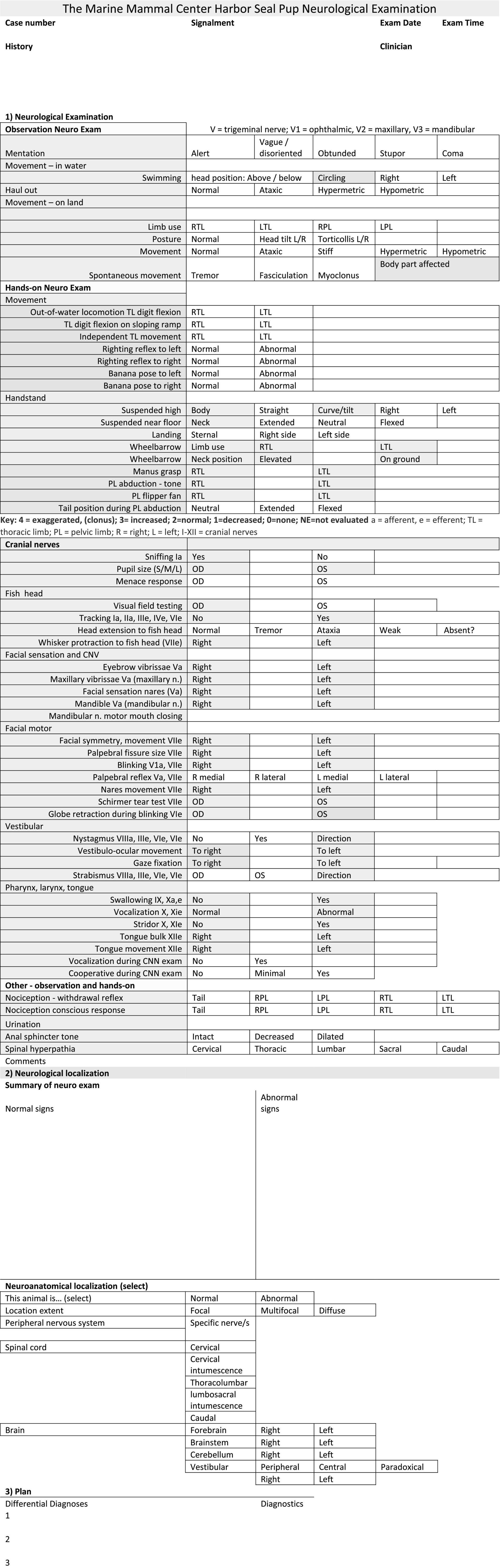 Neurological examination chart for a harbor seal pup from The Marine Mammal Center. It includes sections for observation and hands-on neuro exams. Features criteria like mentation, water and land movement, limb use, posture, and specific tests (e.g., righting reflex, handstand). A key is provided for interpreting values such as exaggerated, normal, decreased, or not evaluated. A detailed table evaluating cranial nerve functions, including sections for sniffing, pupil size, menace response, facial sensation, motor functions, vestibular responses, pharynx and tongue examination, and other observations. It records responses for the right (OD) and left (OS) sides, noting normal and abnormal findings such as tremors, ataxia, and responses to stimuli. Observations include vocalization, cooperation, sensation, urination, and spinal hyperpathia. The table organizes data to facilitate clinical examination results analysis. Neurological localization chart with sections for summarizing normal and abnormal signs in neuro exams. Neuroanatomical localization options include normal or abnormal conditions, location extent (focal, multifocal, diffuse), and nervous system areas such as peripheral nerves, spinal cord, brain with subcategories. A section for differential diagnoses and diagnostics is at the bottom.