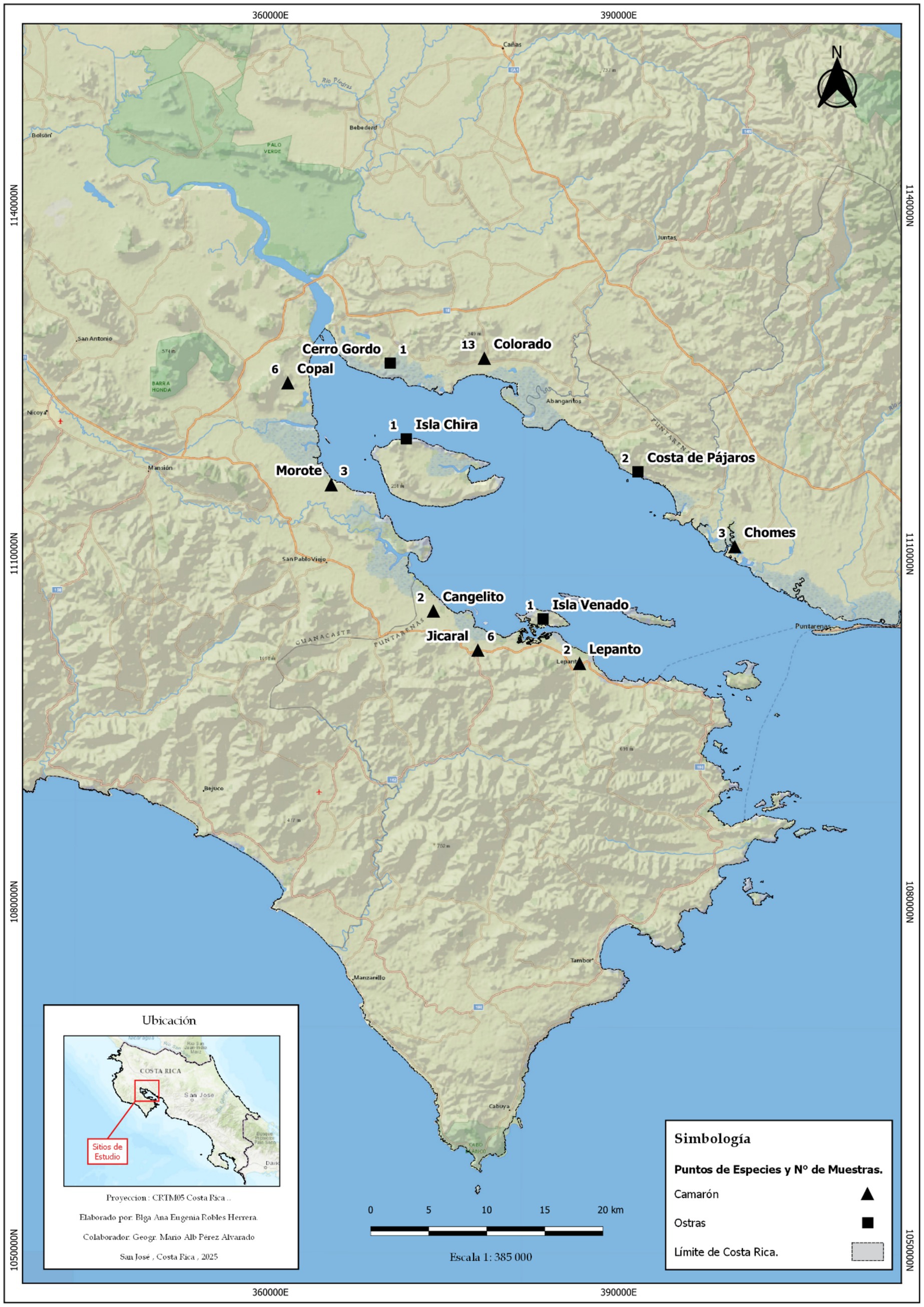 Map of a coastal region in Costa Rica, displaying areas like Cerro Gordo, Costa de Pájaros, and Isla Chira. Symbols indicate shrimp (square) and oyster (triangle) sampling points. Insets show the study area location and a scale of one to three hundred and eighty-five thousand. Compass rose included.
