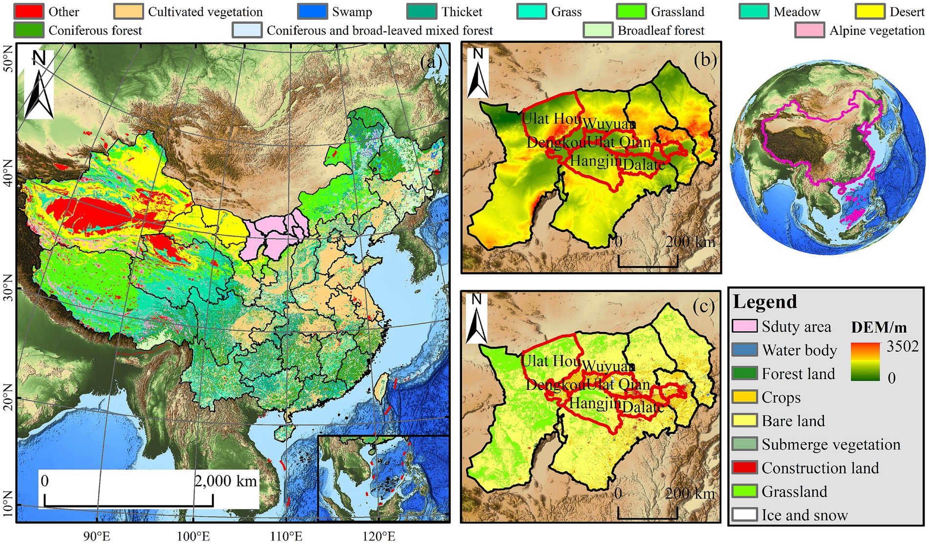 Map collage depicting vegetation and land use in China. The main map categorizes regions with a color-coded legend for different types, including coniferous forest, grassland, and desert. Two inset maps focus on specific areas showing detailed classifications. An additional globe highlights the study area in pink. The legend explains the color codes and elevation data.