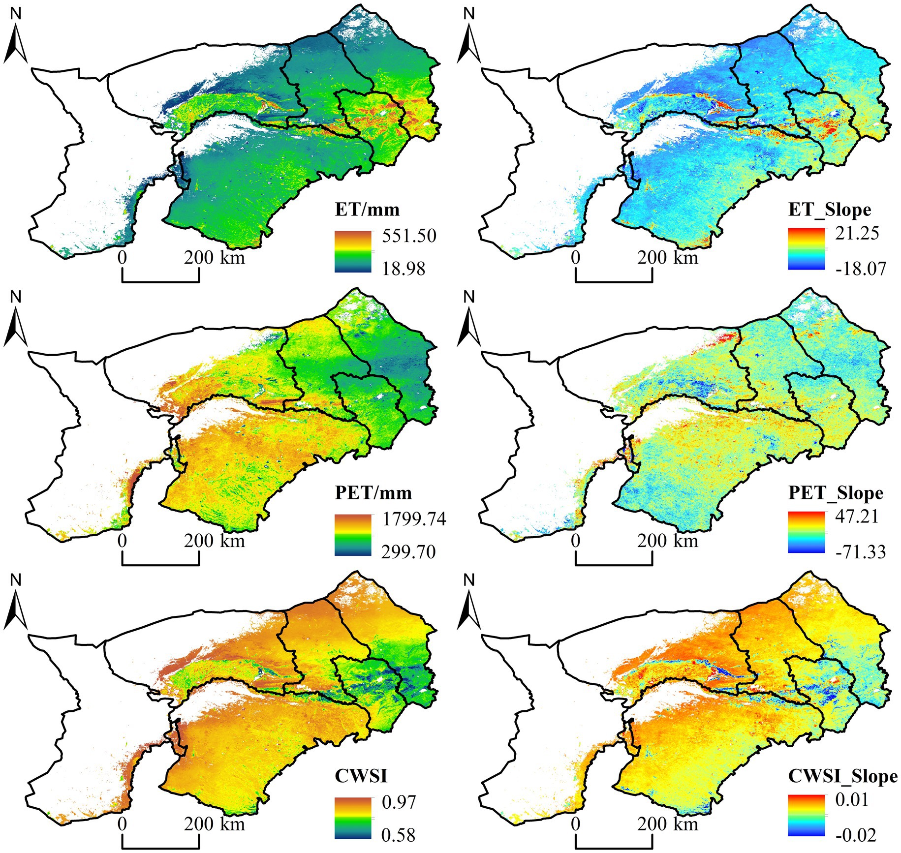 Map illustrations show various metrics for a specific region: (a) ET/mm ranging from 18.98 to 551.50, (b) ET_Slope from -18.07 to 21.25, (c) PET/mm between 299.70 and 1799.74, (d) PET_Slope from -71.33 to 47.21, (e) CWSI ranging from 0.58 to 0.97, and (f) CWSI_Slope from -0.02 to 0.01. Each map includes a color gradient, north symbol, and scale bar.