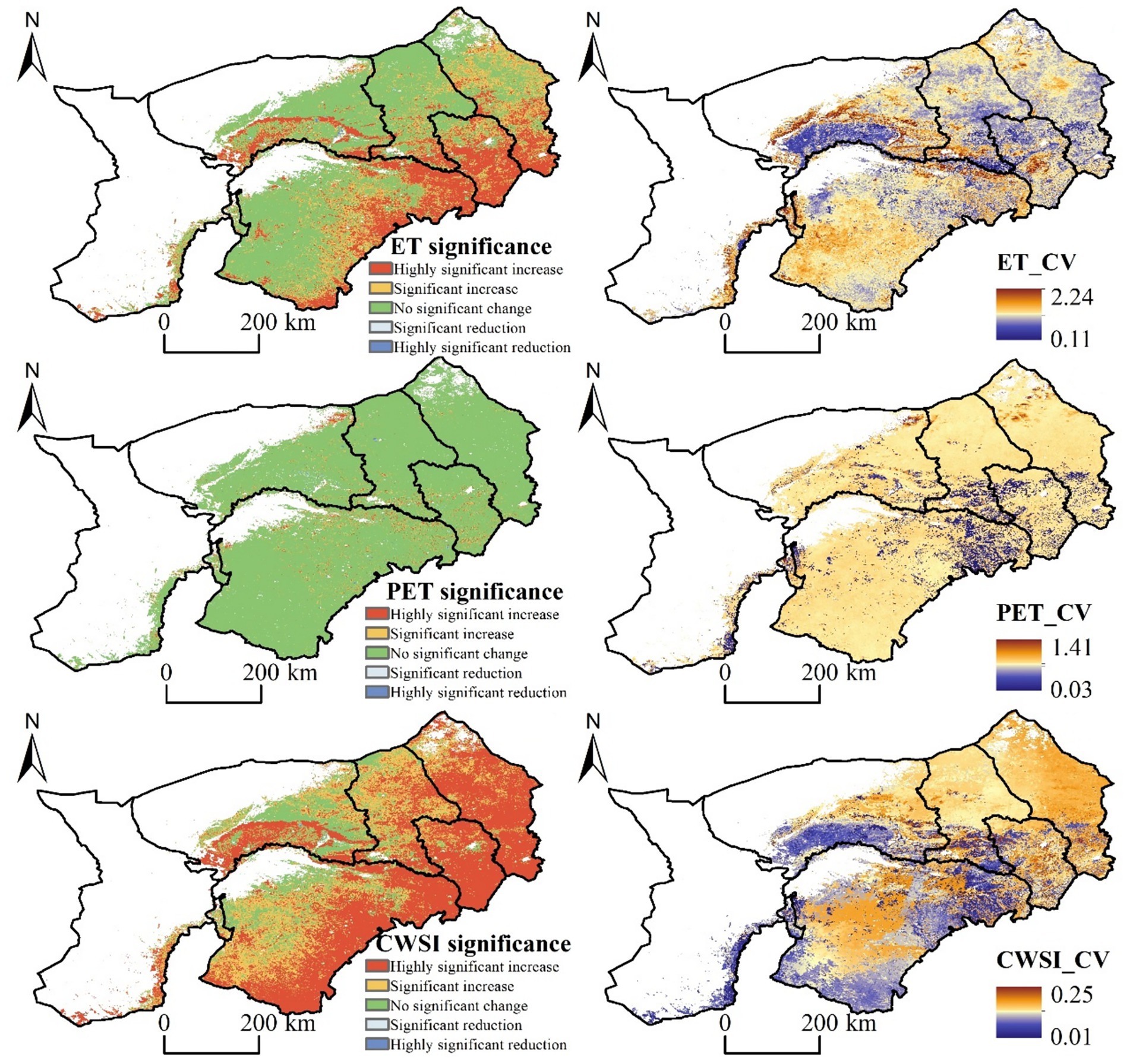 Six maps depicting changes in hydrological parameters. (a) ET significance shows areas with significant changes in evapotranspiration using a color scale from red to green. (b) ET_CV map displays variation in evapotranspiration coefficient with a warm to cool color gradient. (c) PET significance highlights changes in potential evapotranspiration with similar color coding. (d) PET_CV map reveals variation in potential evapotranspiration coefficient. (e) CWSI significance indicates changes in the crop water stress index with red to green shading. (f) CWSI_CV map shows variation in the crop water stress index coefficient. All maps include a scale bar and a legend.