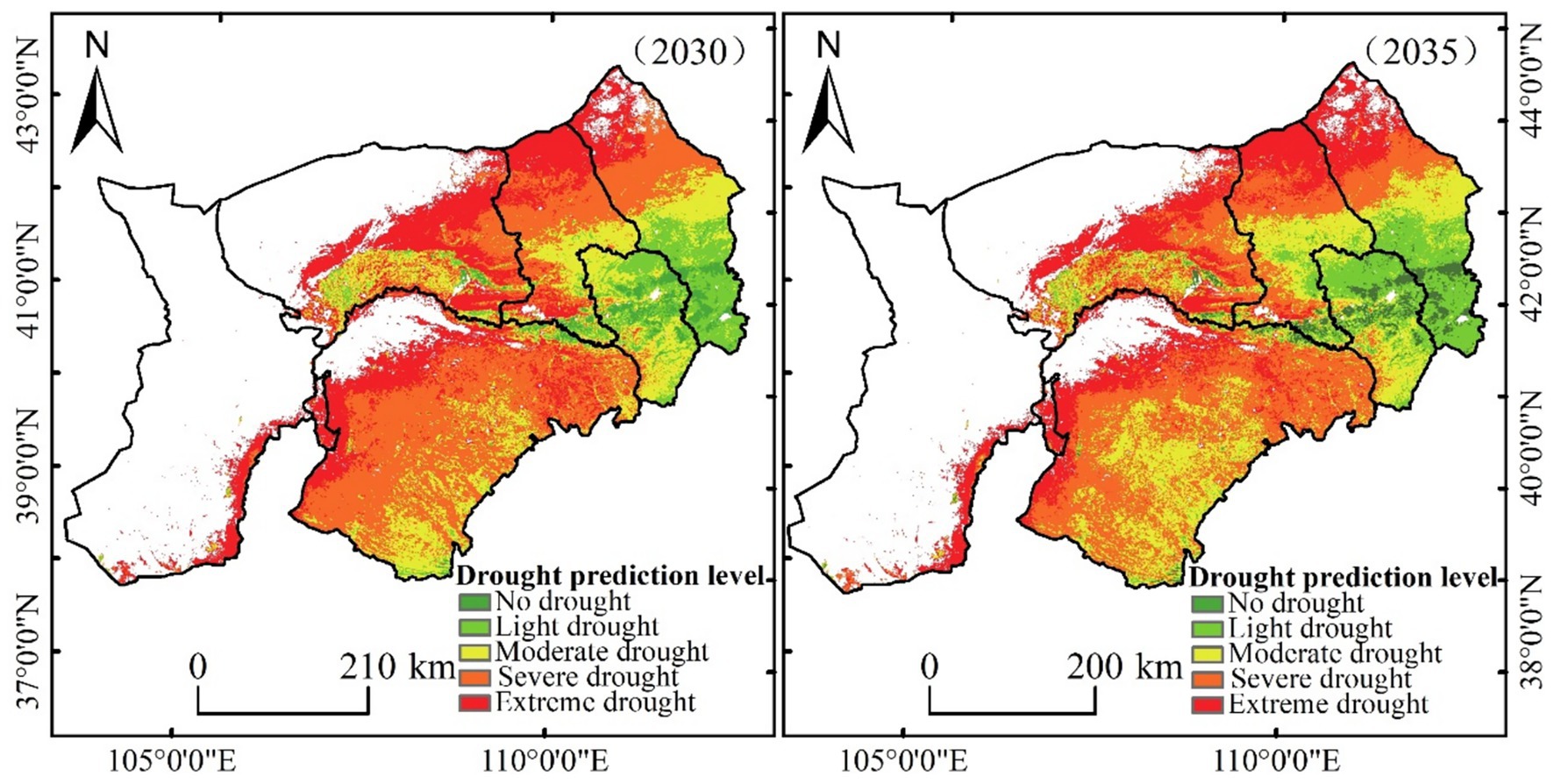 Two maps compare drought predictions for 2030 and 2035 in a region with color codes for different drought levels: green for no drought, yellow for light, orange for moderate, dark orange for severe, and red for extreme drought. The 2030 map shows more areas in red and orange, while the 2035 map indicates increased areas in green, suggesting improved conditions.