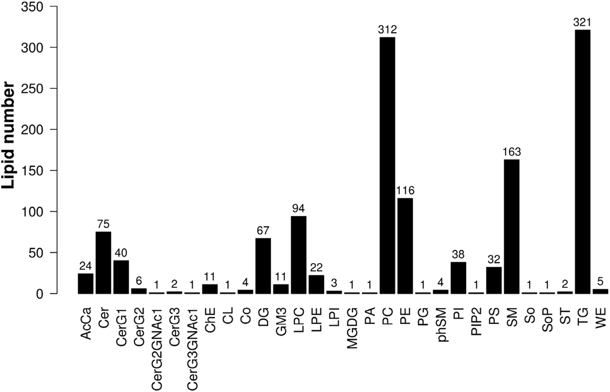 Bar chart depicting the number of different lipids, with categories labeled on the x-axis and lipid numbers on the y-axis. Prominent lipid counts include PA at 312, TG at 321, Cer at 75, and SM at 163. Other notable counts are DG at 67, LPC at 94, and PC at 116. Categories with smaller numbers include CerG3GNAc1, MGDG, and PG, each with counts of one.