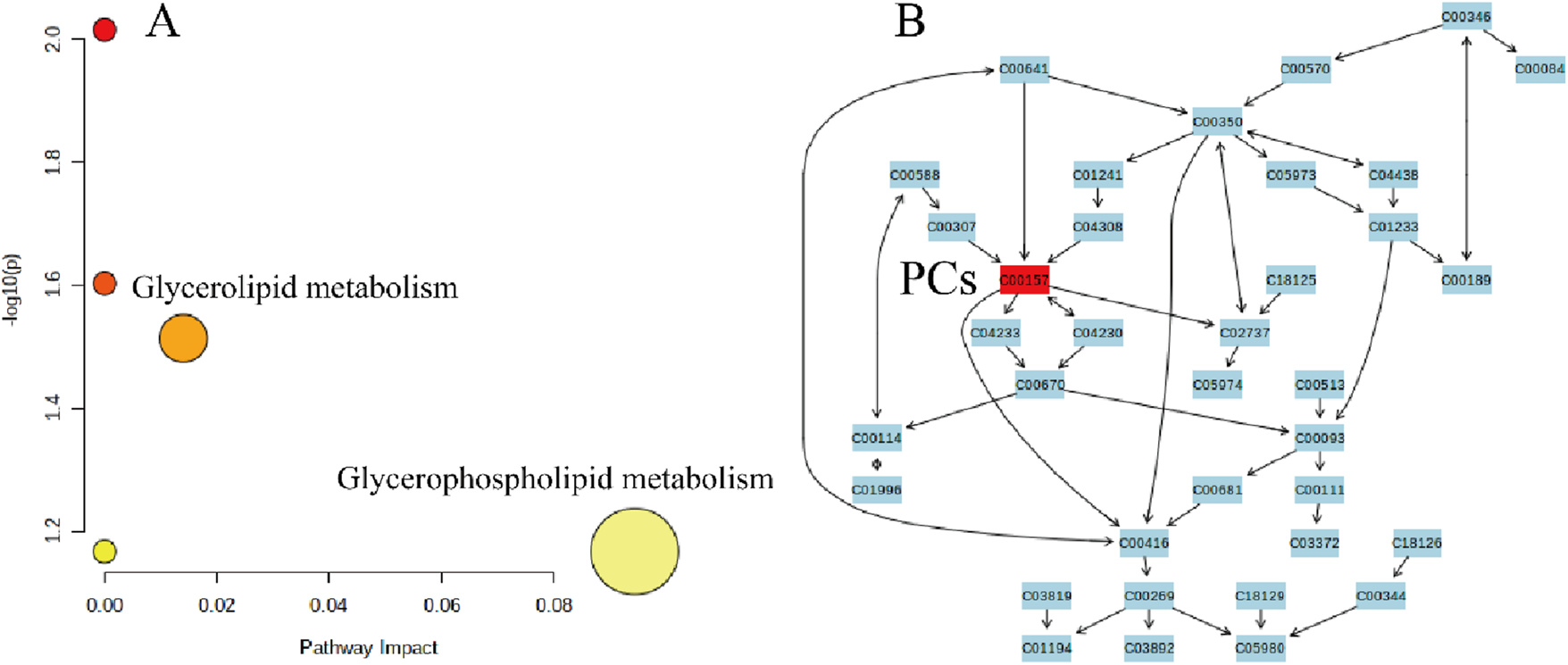 Scatter plot and pathway diagram analysis. Panel A features a scatter plot showing glycerolipid and glycerophospholipid metabolism with dots indicating significance and impact. Panel B displays a metabolic pathway diagram with compound codes connected by arrows, highlighting the central role of phosphatidylcholines (PCs).