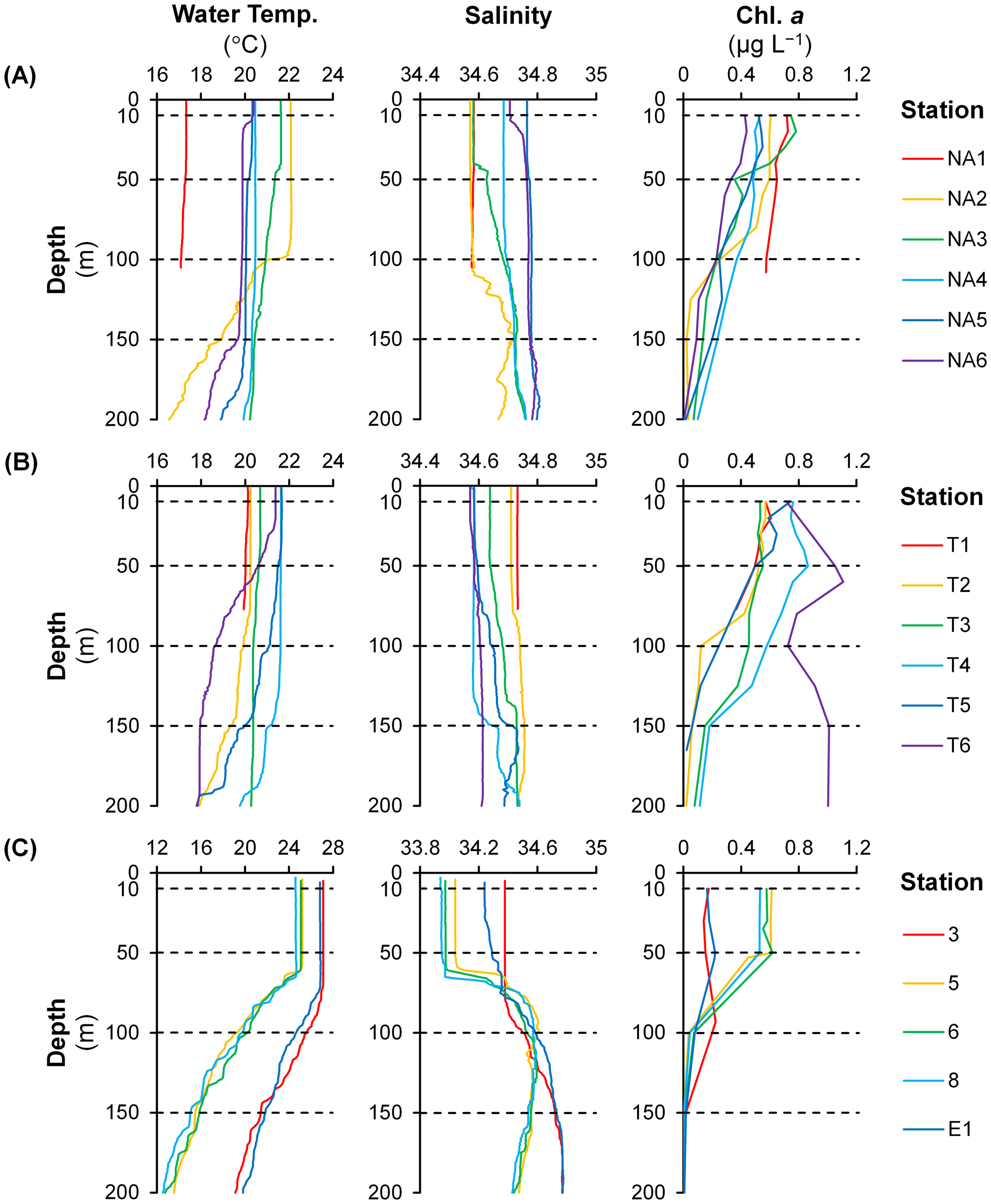 Graphs displaying vertical profiles of water temperature, salinity, and chlorophyll-a concentration at different depths across various stations. Panel (A) shows stations NA1-NA6, (B) shows T1-T6, and (C) shows stations 3, 5, 6, 8, and E1. Each graph has a colored line representing a station, with axes indicating depth in meters and respective measurements: temperature in degrees Celsius, salinity in practical salinity units, and chlorophyll-a in micrograms per liter.