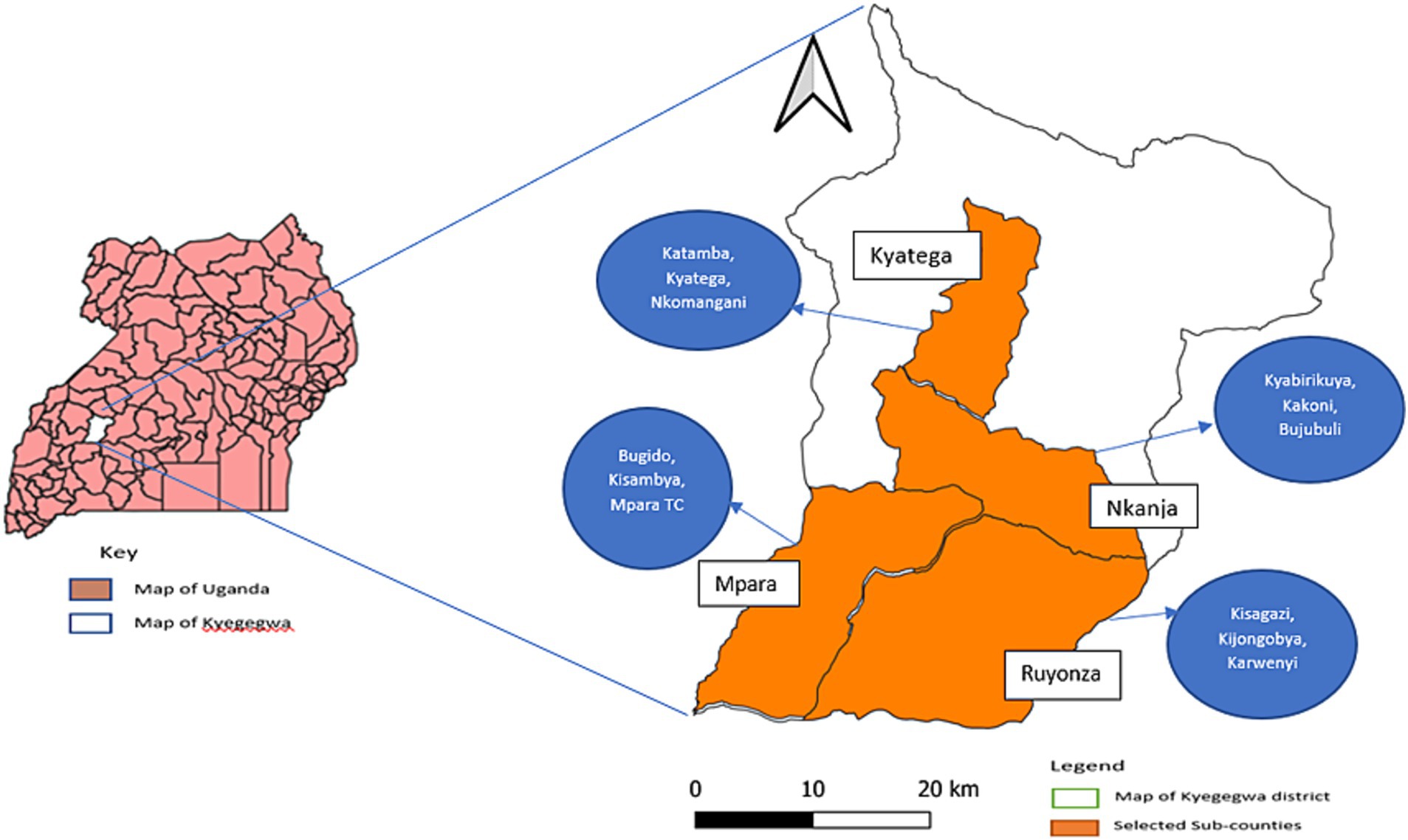 Maybe this: Map of Uganda showing the selected district (Kyegegwa) for a dog vaccination campaign study against rabies in 2023. Inset: The four selected sub-counties with the names of the 12 selected parishes for the study are presented.