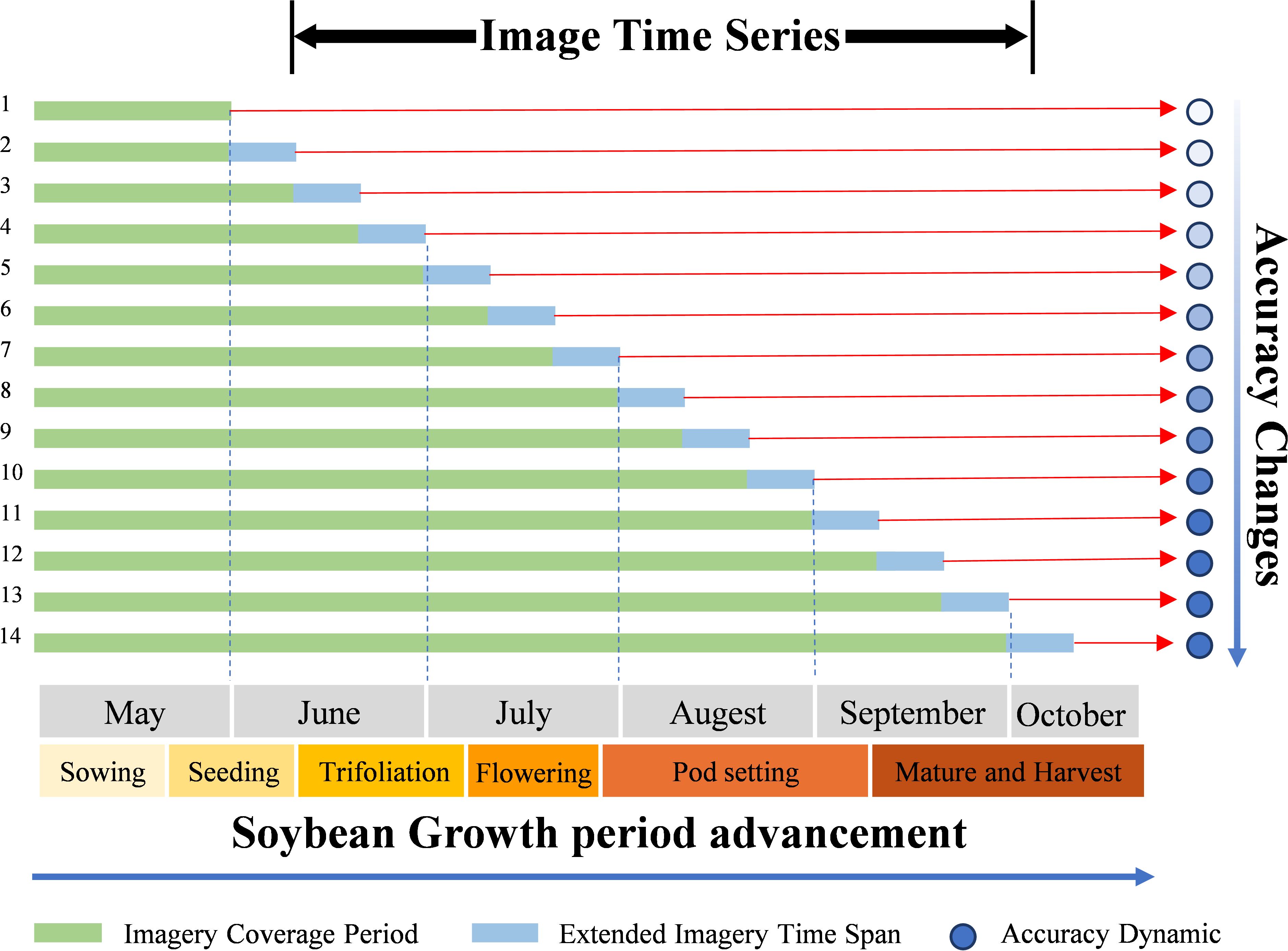 Soybean growth period advancement chart showing the timeline from May to October, detailing stages like sowing, seeding, trifoliation, flowering, pod setting, and maturity. Green bars represent imagery coverage periods, blue bars indicate extended imagery time spans, and circles depict accuracy dynamics changes over time.