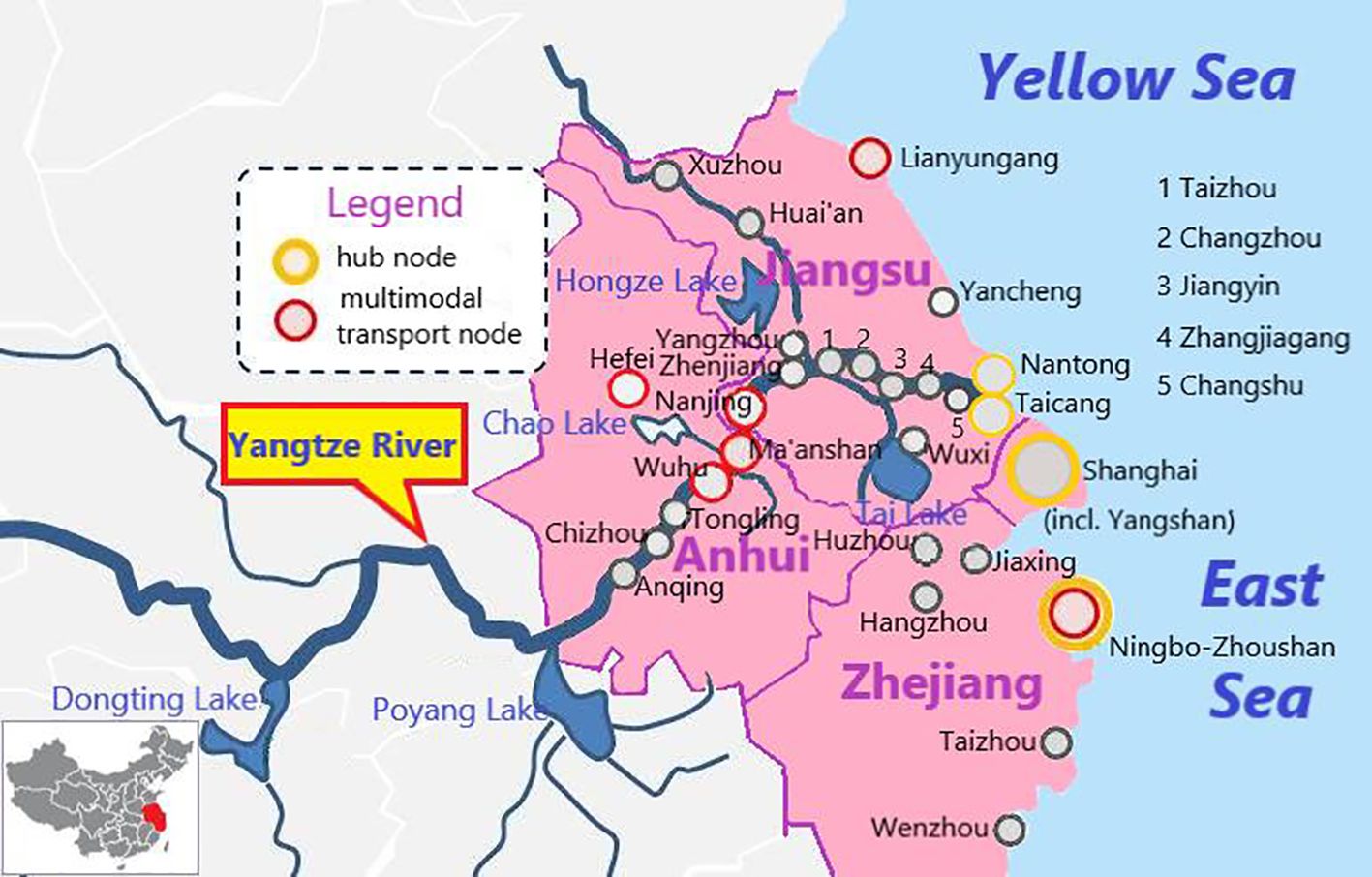 Map showing water transport nodes in the YRD region(including Jiangsu, Zhejiang,Anhui, and Shanghai) in China, with labels for the Yellow Sea and East Sea. The Yangtze River is highlighted. Hub nodes and multimodal transport nodes are marked, with an inset map for location context. Node ports such as Nanjing, Shanghai, and Ningbo-Zhoushan are indicated.