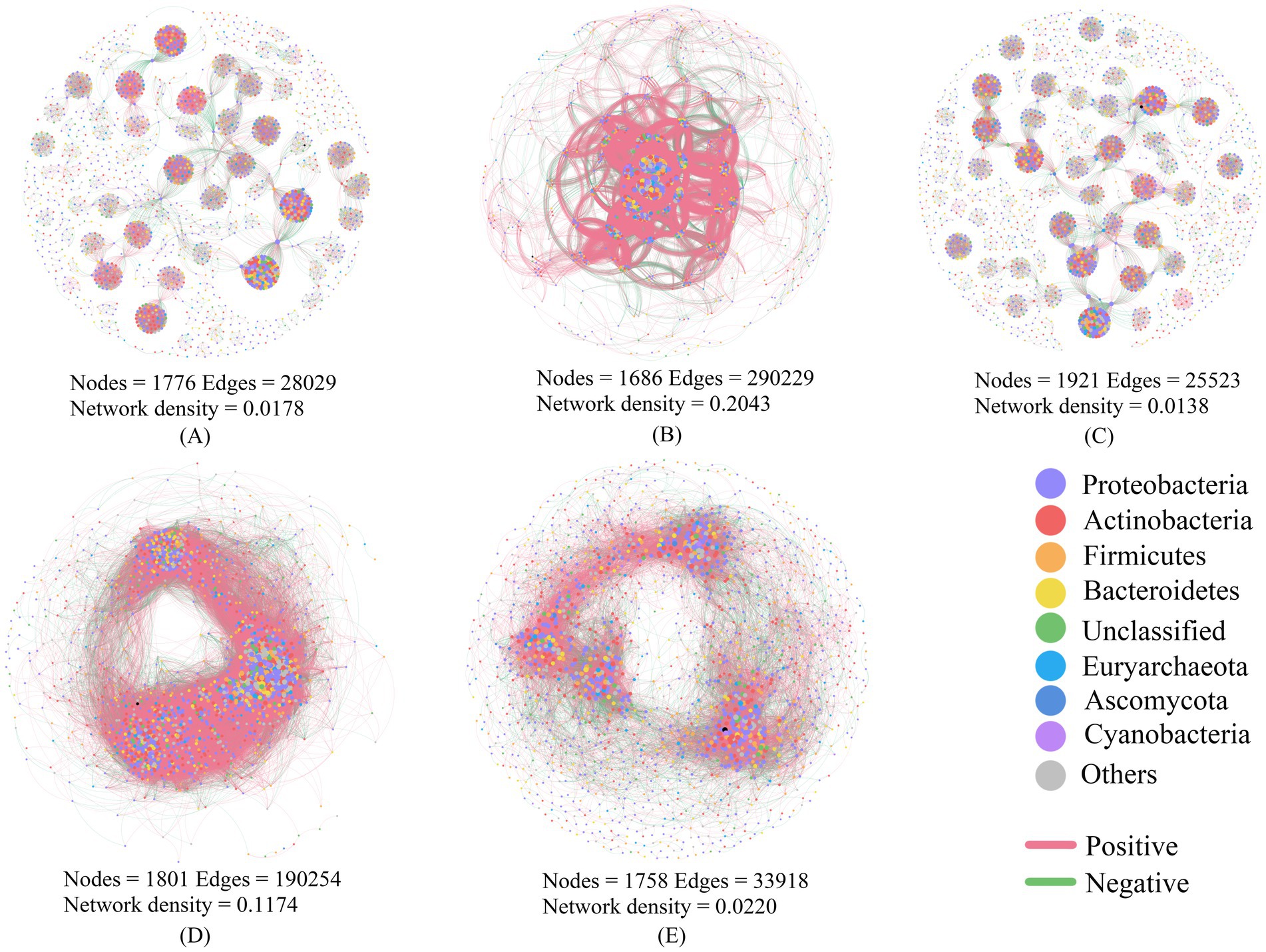 Five network diagrams labeled A to E show different microbial community structures, with varying nodes, edges, and network densities. Colors represent taxonomic groups such as Proteobacteria, Actinobacteria, and others. Positive interactions are in red, and negative in green.