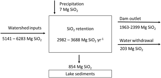 Flowchart illustrating annual silica (SiOâ‚‚) inputs and outputs from Lake Monroe. Total watershed inputs from major tributaries range from 5,141 to 6,283 megagrams. Precipitation contributes 7 megagrams. SiOâ‚‚ retention is between 2,982 to 3,688 megagrams per year, of which 854 megagrams are sequestered in lake sediments. Outputs include 1,963 to 2,399 megagrams through the dam outlet and 203 megagrams through drinking water withdrawal.