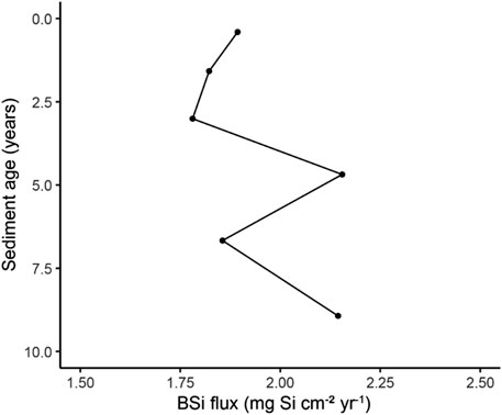 Line graph illustrating the relationship between sediment age in years and BSi flux to the sediments in milligrams of SiO2 per square centimeter per year. Sediment age ranges from 0-10, while BSi flux ranges from one point five to two point five.