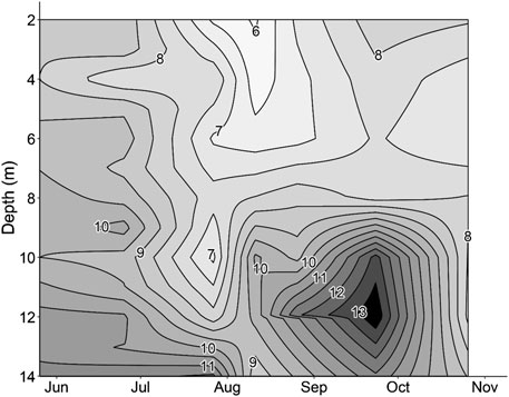 Isopleth diagrom showing SiO2 concentrations from June to November against depth in meters. The concentration ranges from 6 to 13 mg SiO2 L-1. Darker shades represent higher concentrations. The highest concentrations were observed in late September between 11-12 m depth.