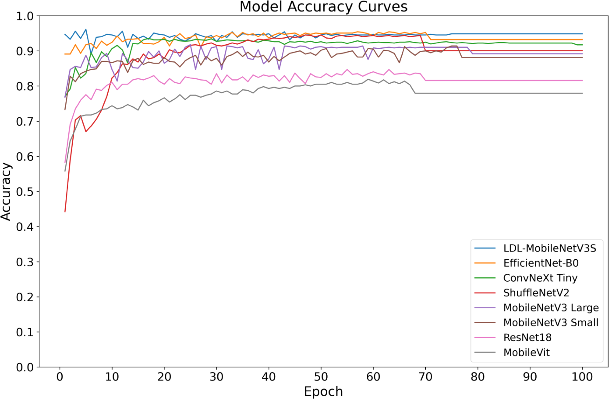Line graph showing model accuracy curves over epochs for various models: LDL-MobileNetV3S, EfficientNet-B0, ConvNeXt Tiny, ShuffleNetV2, MobileNetV3 Large, MobileNetV3 Small, ResNet18, and MobileVit. Accuracy ranges from 0.5 to 1, with most models converging above 0.8 accuracy over 100 epochs.