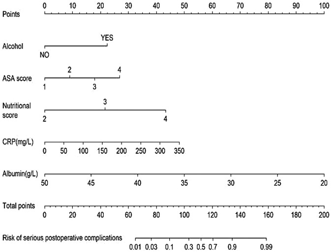 Chart illustrating a scoring system to assess the risk of serious postoperative complications. Factors include alcohol consumption, ASA score, nutritional score, CRP levels, albumin levels, and total points ranging from 0 to 200. The risk of complications is indicated at the bottom, ranging from 0.01 to 0.99.
