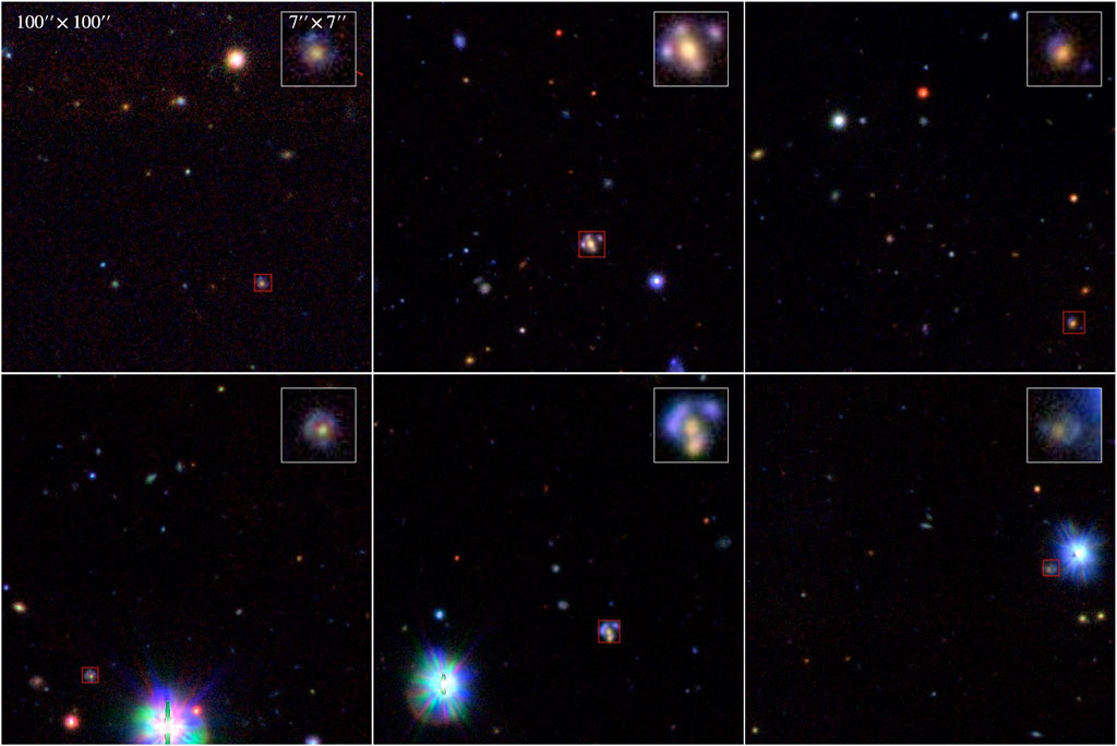 A composite image of six panels showing sections of the night sky filled with numerous stars and galaxies. Each panel highlights a central galaxy with a red box and includes an inset zooming in on the galaxy. The main background is dark, with scattered bright celestial bodies. The sizes of the insets vary, emphasizing the galaxies' details.