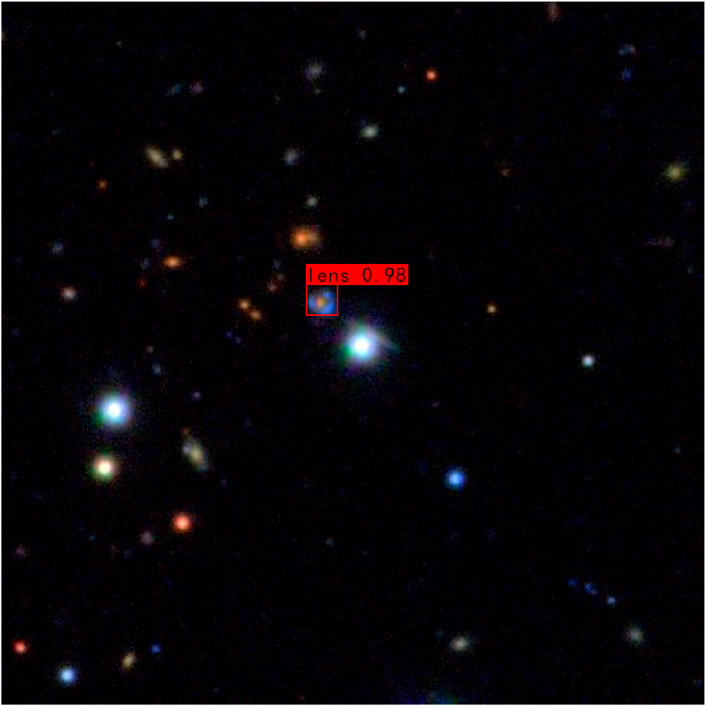 A star field with various colored celestial objects scattered across a dark background. The celestial object to be detected is highlighted with a red square labeled