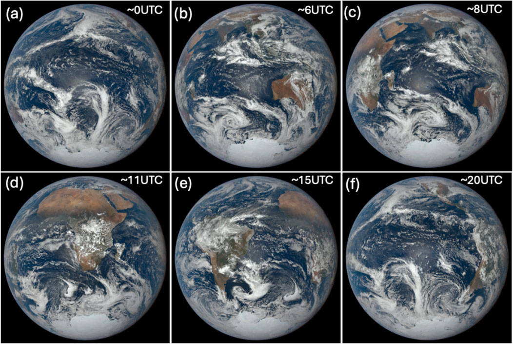 Composite image of Earth from space at different times, showing cloud patterns and continents. Panels (a) to (f) correspond to approximately 0, 6, 8, 11, 15, and 20 UTC. The views depict different parts of Earth rotating, highlighting the Pacific, Africa, and the Americas with varying cloud formations.