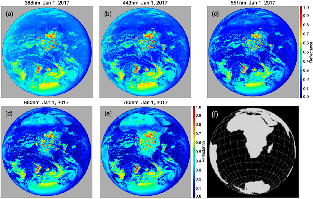 Five images of Earth taken on January 1, 2017, at different wavelengths: 388nm, 443nm, 551nm, 680nm, and 780nm, showing varying reflectance levels from 0.0 to 1.0 with red indicating higher values. An additional black and white image displays a gridded map of Earth with continents in gray.