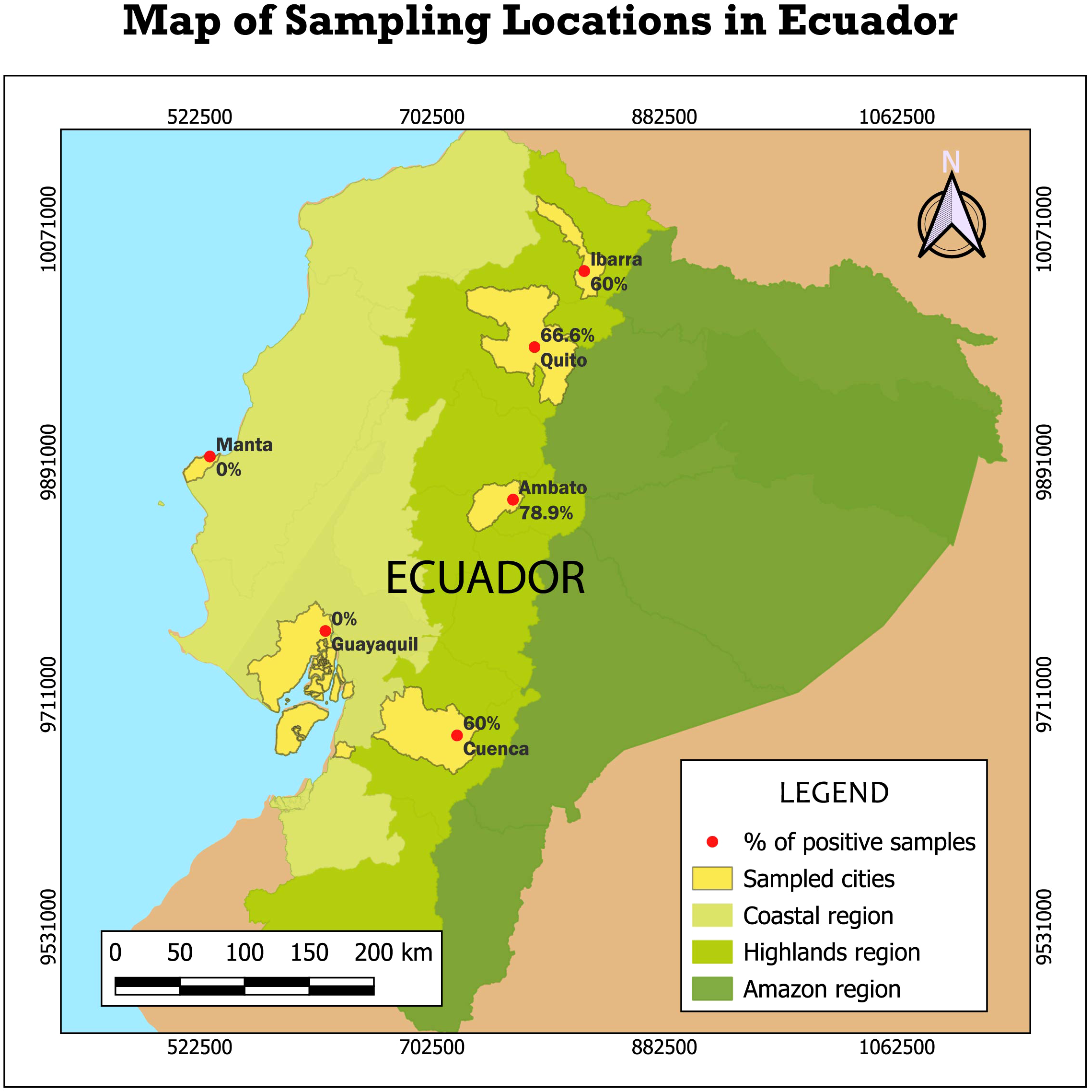 Map of Ecuador showing sampling locations in six cities: Manta and Guayaquil with zero percent positive samples, Cuenca and Ibarra with sixty percent, Quito with sixty-six point six percent, and Ambato with seventy-eight point nine percent. Colored regions indicate coast, highlands, and Amazon. Legend explains symbols and regions.