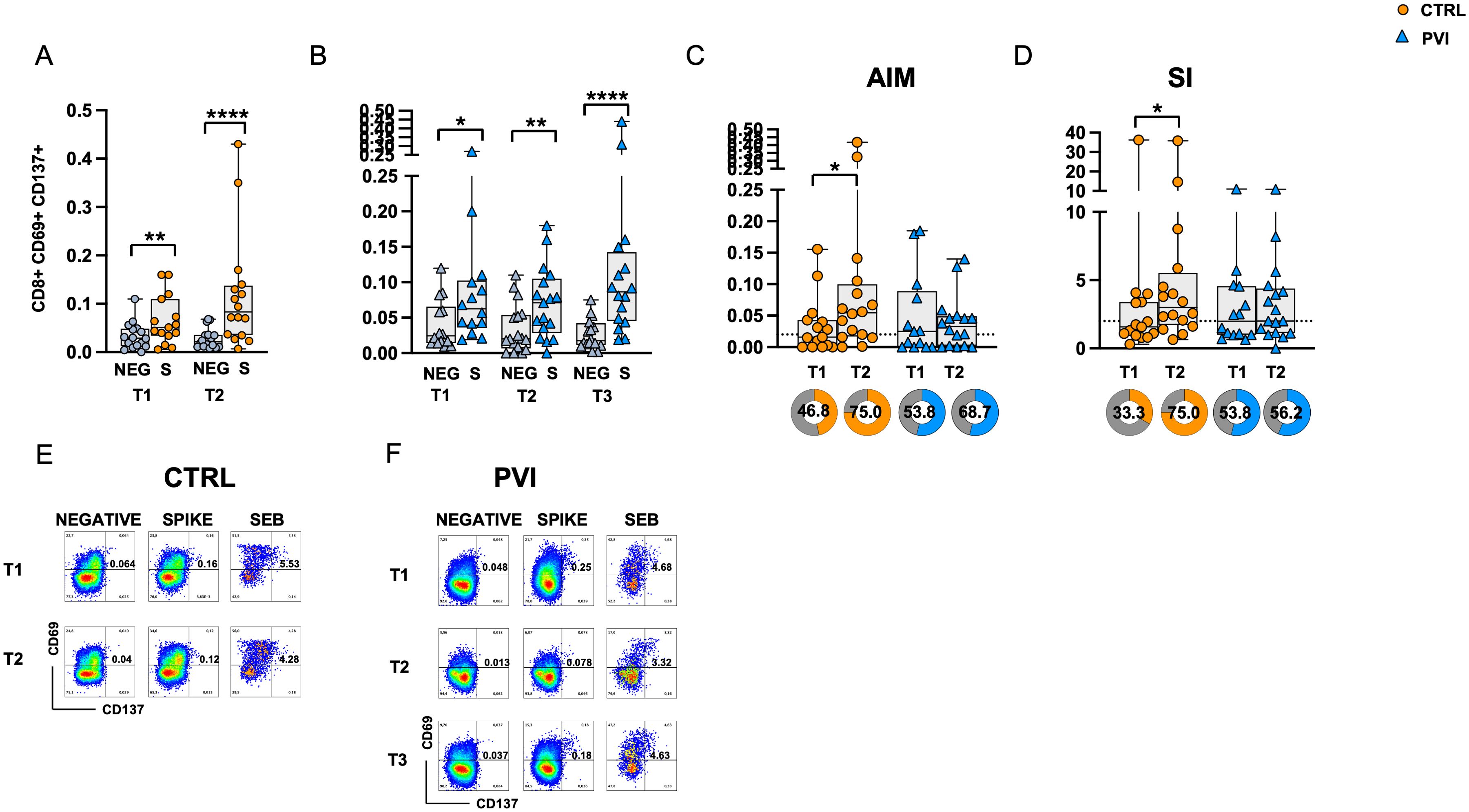 Bar and scatter plots display CD8+ T cell activation under various conditions in panels A-D, comparing control (orange circles) and PVI (blue trangles) groups over time (T1-T2). Panel A and B present significant differences in CD69+ CD137+ double positive CD8 T cells between groups, with stars indicating statistical significance. Pie charts below show percentage composition. Panels E and F display flow cytometry plots for both CTRL and PVI groups under negative, spike, and SEB stimuli across different time points.