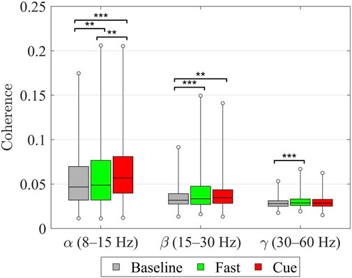Box plot comparing coherence in three frequency bands: alpha (8–15 Hz), beta (15–30 Hz), and gamma (30–60 Hz) across Baseline, Fast, and Cue conditions. The alpha band shows higher coherence in Fast and Cue compared to Baseline, and higher coherence in Cue compared to Fast. The beta band shows significant changes between Baseline and both Fast and Cue conditions, while the gamma band shows significant changes only between Baseline and Fast. Legend labels: Baseline (gray), Fast (green), Cue (red). Asterisks indicate significance levels.