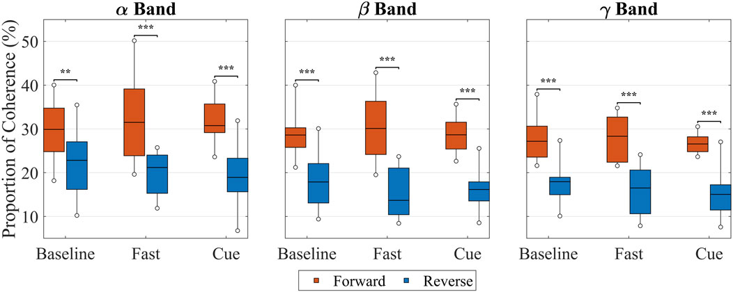 Box plots illustrate the proportion of intermuscular coherence in percentage across three frequency bands: alpha, beta, and gamma. Each band compares three walking conditions: Baseline, Fast, and Cue, with two categories, Forward (red) and Reverse (blue). Data represent all upper- and lower-limb muscle pairs combined. Box plots show the median, interquartile range, and whiskers from minimum to maximum, illustrating variability across participants. Statistically significant differences between directions for each condition are indicated with asterisks.