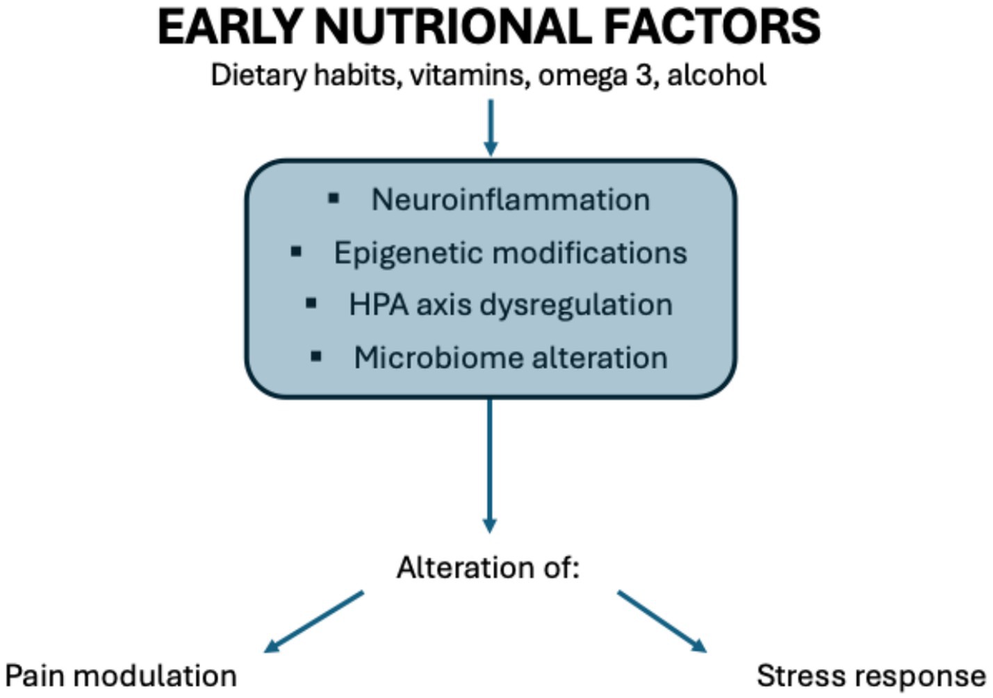 Flowchart illustrating the impact of early nutritional factors like dietary habits, vitamins, omega-3, and alcohol. These influence neuroinflammation, epigenetic modifications, HPA axis dysregulation, and microbiome alteration, leading to changes in pain modulation and stress response.