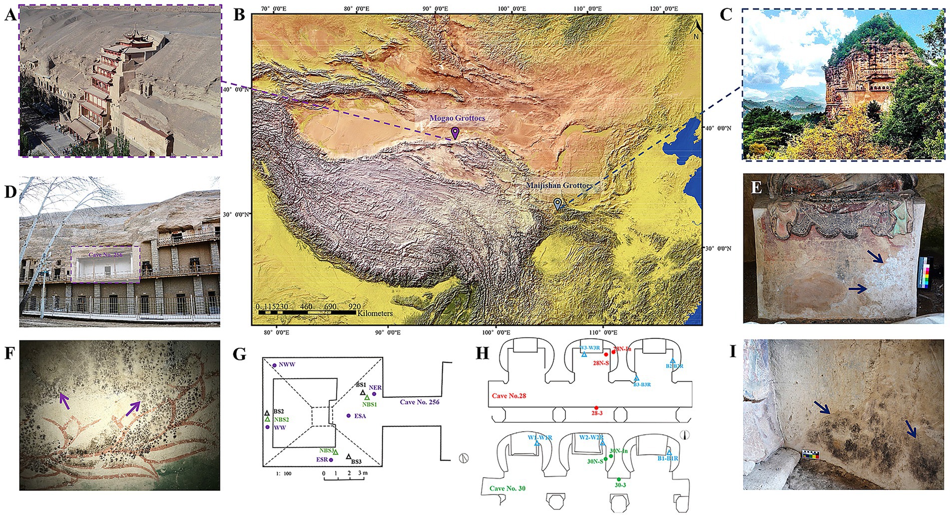 A collage of images and diagrams related to grottoes and cave sites. A shows a structure with multiple levels built into a cliffside. B is a map highlighting the Mogao and Maijishan Grottoes in China. C depicts a lush landscape with a multi-tiered grotto carved into a cliff. D focuses on Cave No. 256, highlighting its entrance. E displays a sculpture base with visible discoloration. F highlights a detailed mural with the damage pointed out. G and H are diagrams of cave structures with various annotations. I shows blackened areas on a wall, indicating damage or wear.