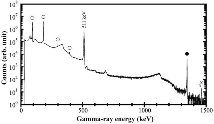 Logarithmic-scale graph displaying gamma-ray energy counts versus energy in kiloelectronvolts (keV). Peaks are visible around 511 keV and 1,460 keV. Y-axis represents counts in arbitrary units, and the x-axis indicates energy from 0 to 1,500 keV.