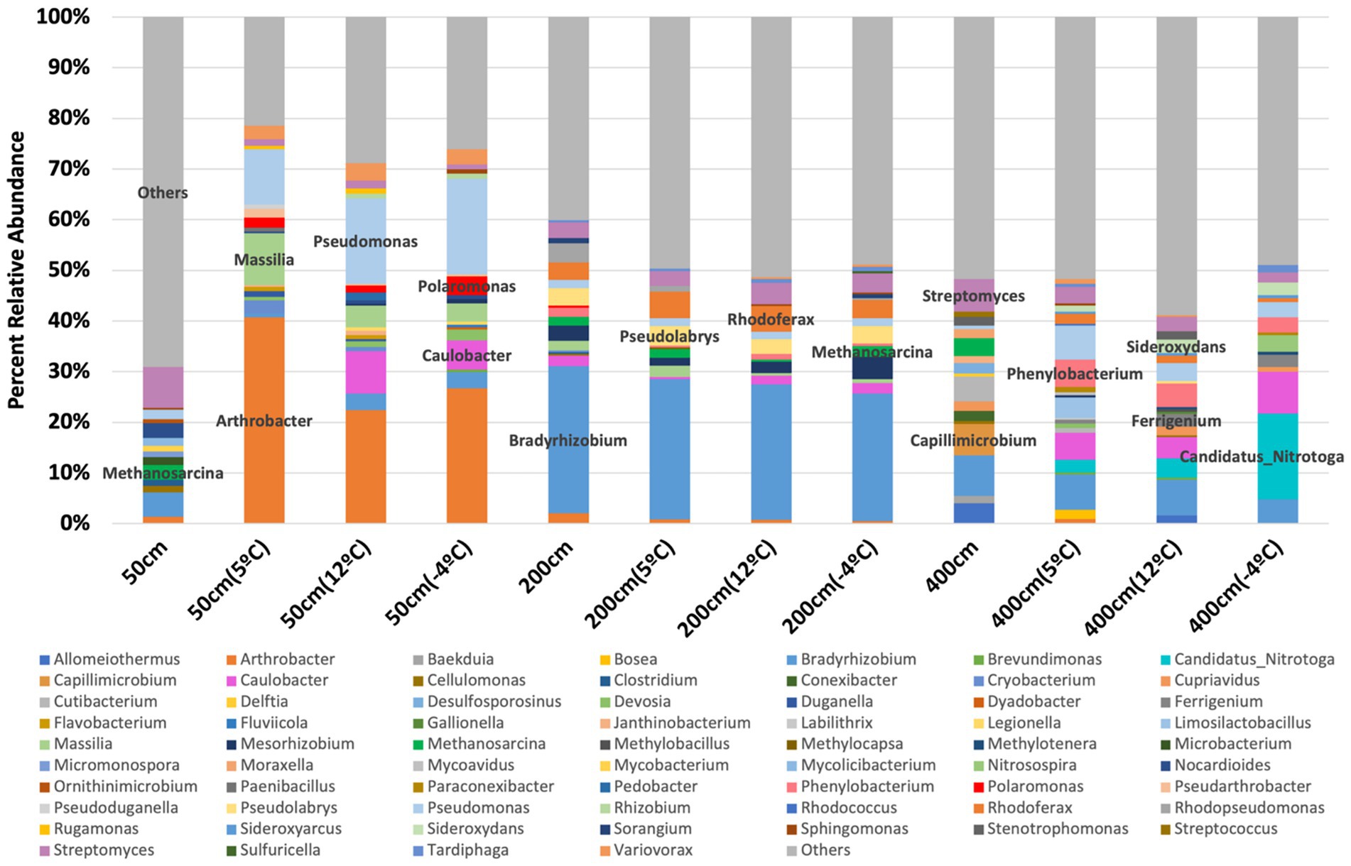Stacked bar chart showing the percent relative abundance of microbial taxa at different depths (50 cm, 200 cm, 400 cm) under various temperature conditions (5 °C, 12 °C, 4 °C). Each bar is divided into colored segments, representing different taxa like Methanosarcina, Arthrobacter,Pseudomonas, and others. The X-axis indicates depth and temperature, while the Y-axis represents percent relative abundance. A color legend at thebottom specifies the taxa corresponding to each color.