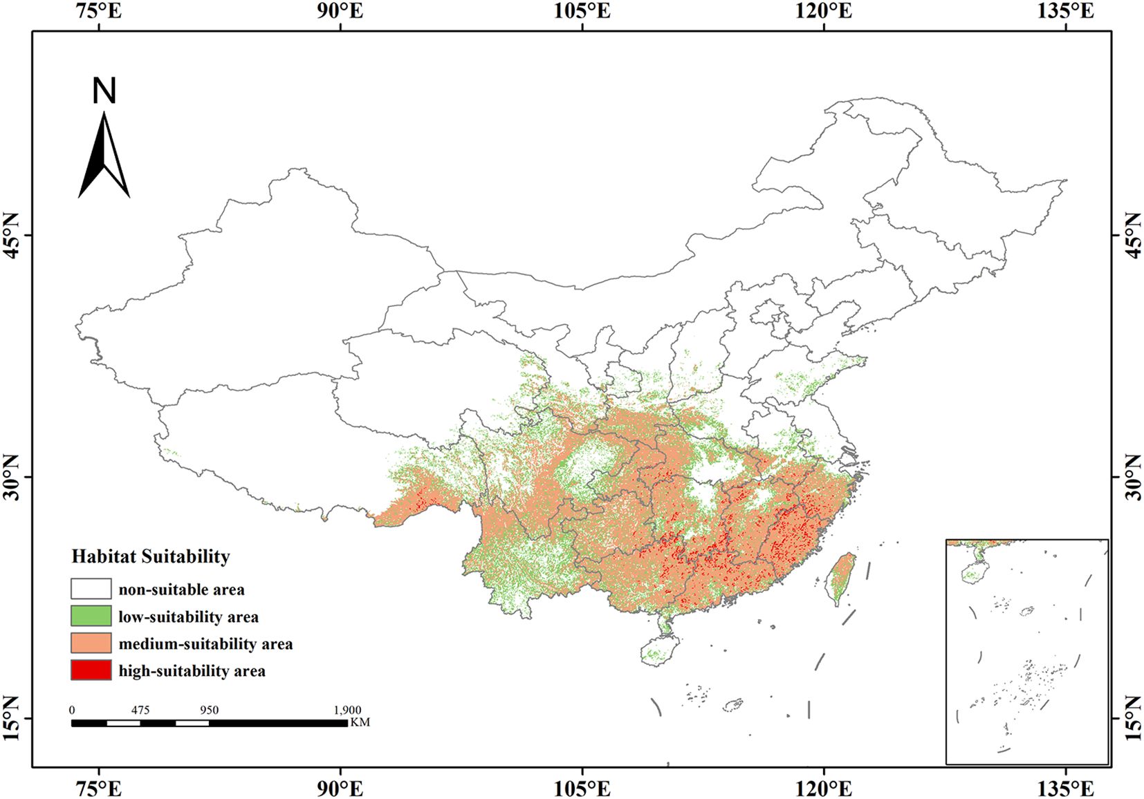 Map of China showing habitat suitability levels. Non-suitable areas are white, low-suitability areas are green, medium-suitability areas are orange, and high-suitability areas are red. Most suitable habitats are concentrated in the eastern and southeastern regions. A key in the lower left explains the color coding. An inset map displays Taiwan, using the same color scheme.