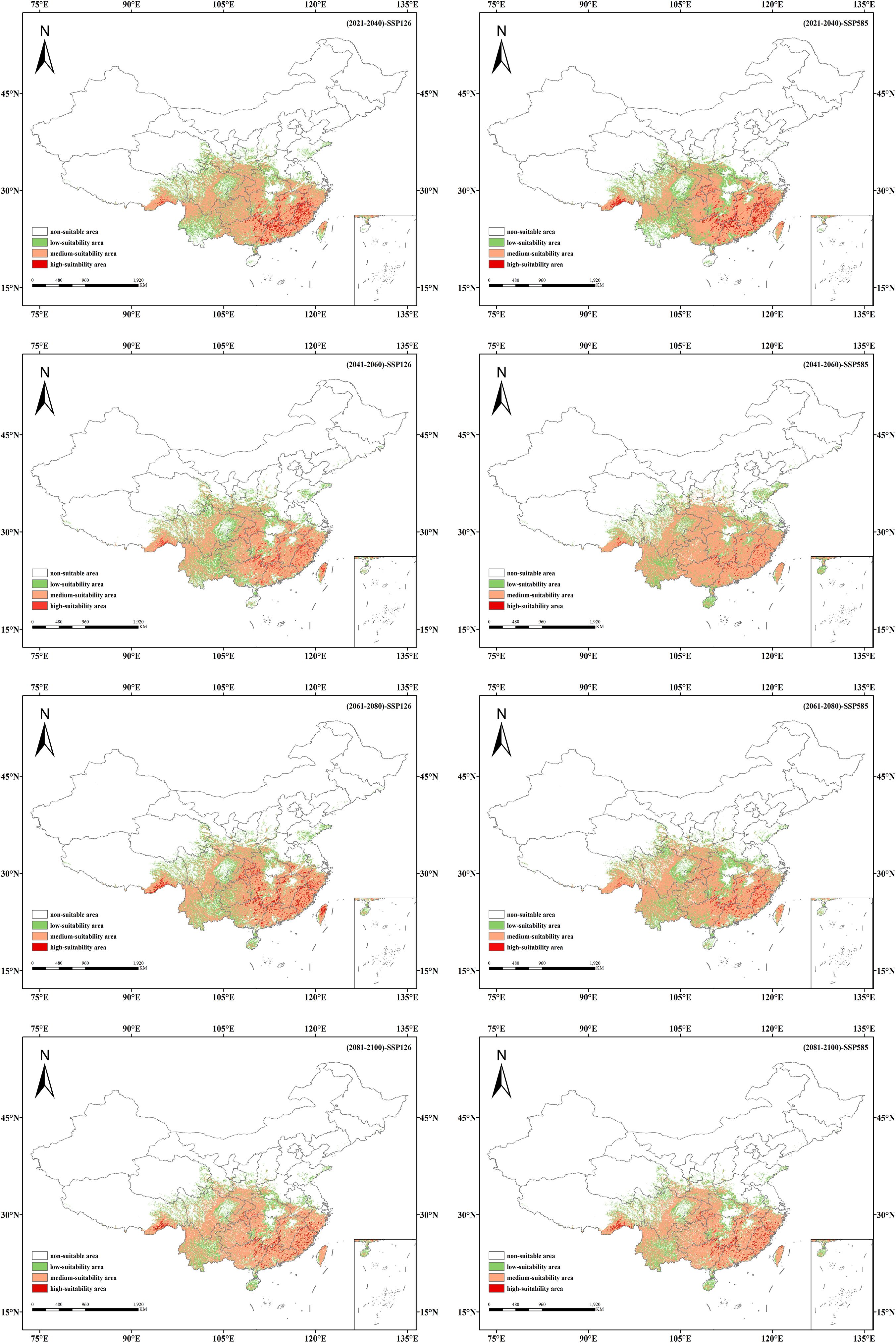 Maps of China display suitability areas for a specific purpose over different time periods and scenarios (2021-2100, SSP126 and SSP585). Areas are categorized as non-suitable, low-suitability, medium-suitability, and high-suitability, shown in gray, green, orange, and red respectively. Each map includes a legend, scale bar, and directional arrow.