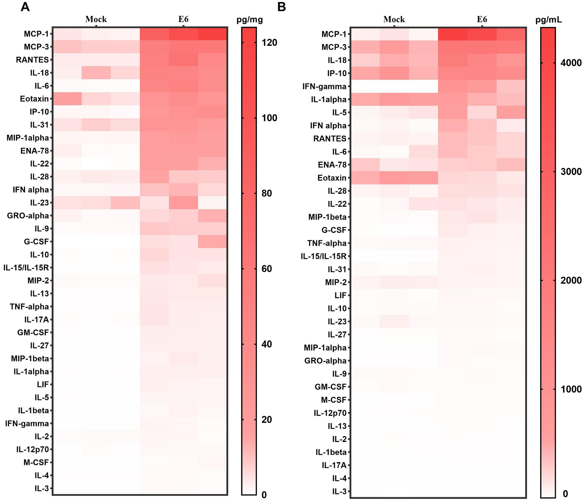 Heat maps labeled A and B compare cytokine expression levels in