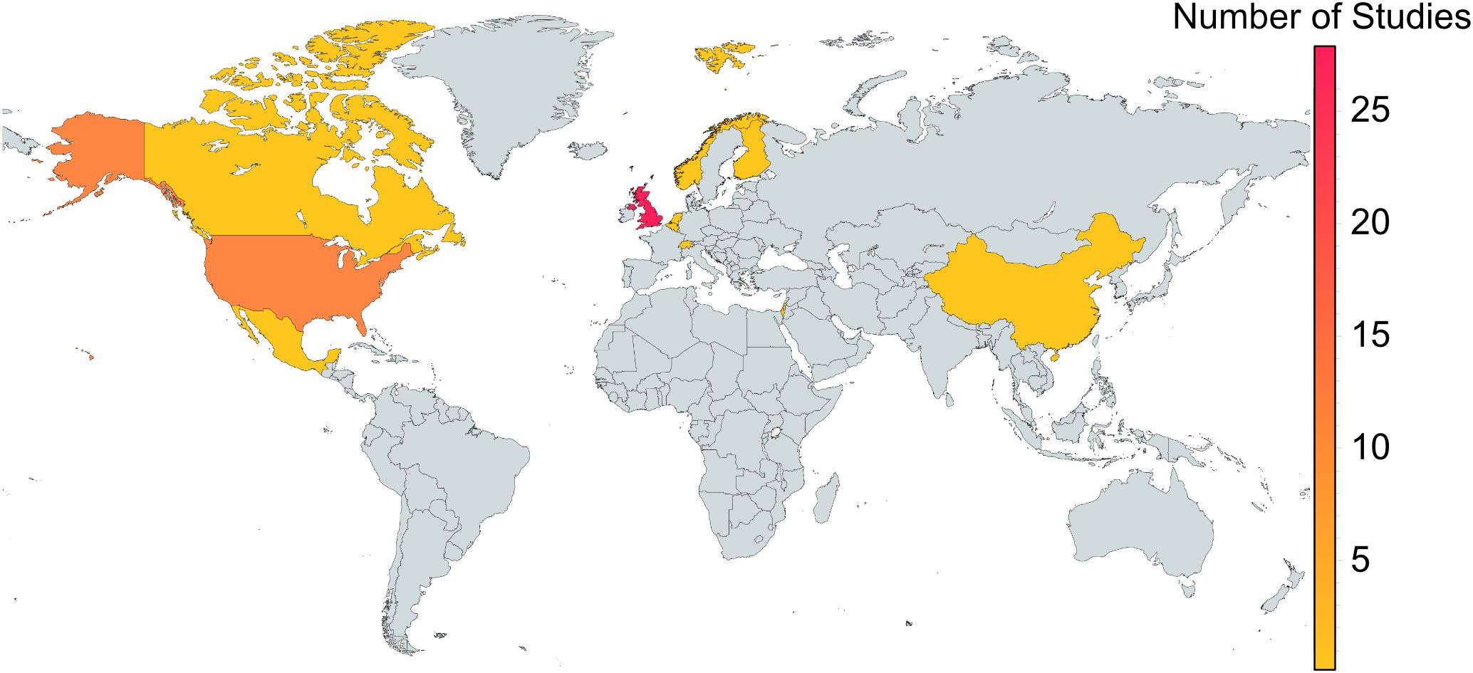 World map highlighting the number of studies conducted by country, using a gradient from yellow to red. The United States, Canada, and China show a significant number of studies, while the United Kingdom highlights the highest density. Other countries in Europe, Asia, and North America display varying levels of study frequencies. The color legend indicates quantities ranging from five to over twenty-five studies.