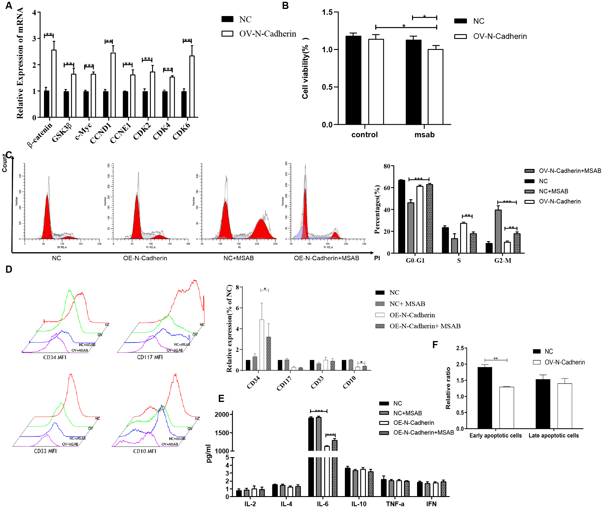 The image contains multiple graphs and charts discussing experimental data related to N-Cadherin expression. Panel A shows bar graphs of mRNA expression levels in different conditions. Panel B includes bar graphs of cell viability under control and MSAB treatments. Flow cytometry histograms and corresponding cell cycle phase percentages are depicted. Panel D displays histograms and a bar graph of relative protein expression for CD34, CD117, CD33, and CD90. Panel E shows cytokine levels for IL-2, IL-4, IL-6, IL-10, TNF-alpha, and IFN. Panel F presents a bar graph of apoptotic cell ratios. Significance is indicated by asterisks.