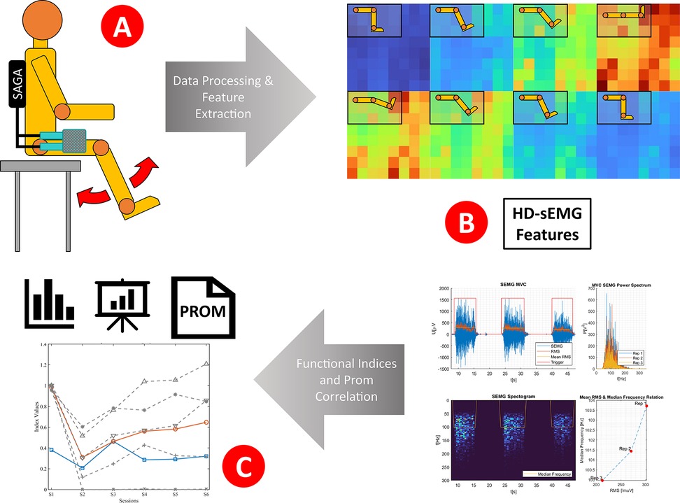 Diagram illustrating a process for data processing and feature extraction using high-density surface electromyography (HD-sEMG). A schematic figure of a seated person with leg movement and SAGA device is shown. HD-sEMG features are visualized on a heatmap. Functional indices and PROM correlation involve various graphs, including line charts and spectrograms, which show data analysis results in terms of SEMG measurements and spectrums.