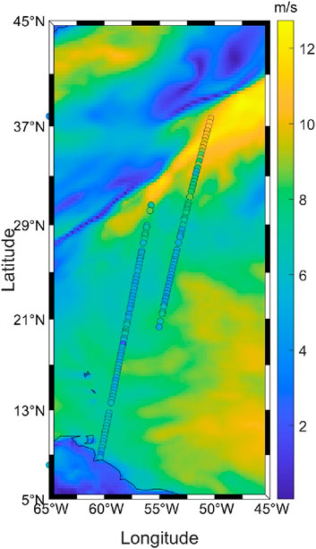 Map showing ocean currents. The color gradient from purple to yellow represents velocity in meters per second, with purple indicating lower speeds and yellow indicating higher speeds. Latitude ranges from 5 to 45 degrees North, and longitude from 65 to 45 degrees West. Data points are marked along two lines.