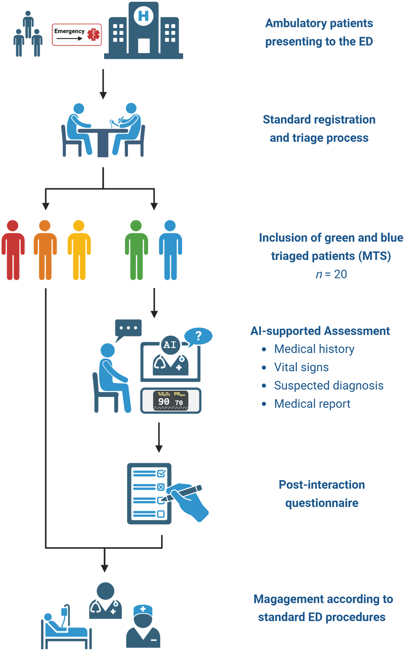 Flowchart illustrating the emergency department process. Ambulatory patients arrive and undergo a registration and triage process. Green and blue triaged patients (n=20) undergo AI-supported assessment including medical history, vital signs, suspected diagnosis, and medical report. A post-interaction questionnaire follows. Finally, management occurs according to standard emergency department procedures.