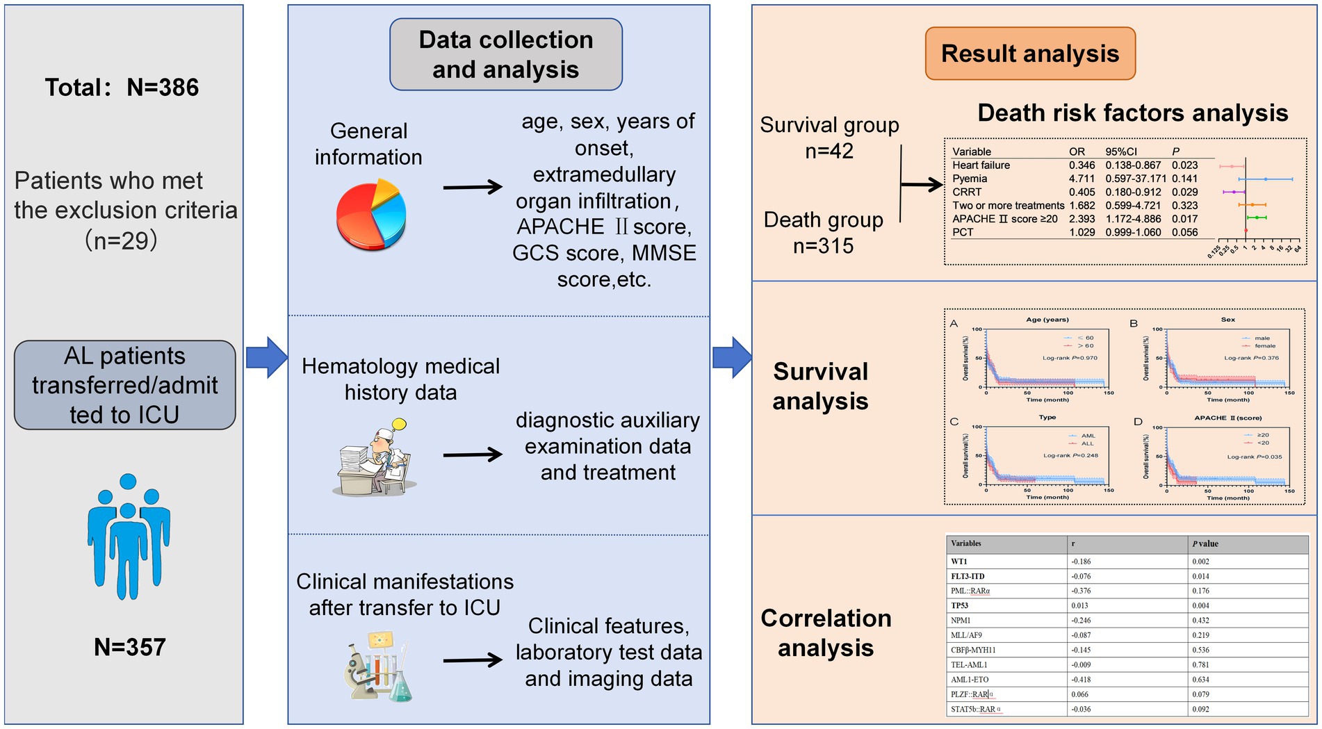 Flowchart depicting a study of 357 AL patients transferred to ICU. It involves data collection, result analysis, survival analysis, and correlation analysis. Data collection includes general, hematology, and clinical information. Result analysis identifies death risk factors. Survival analysis shows graphs based on age, sex, type, and APACHE II score. Correlation analysis features a table with variables and statistics.