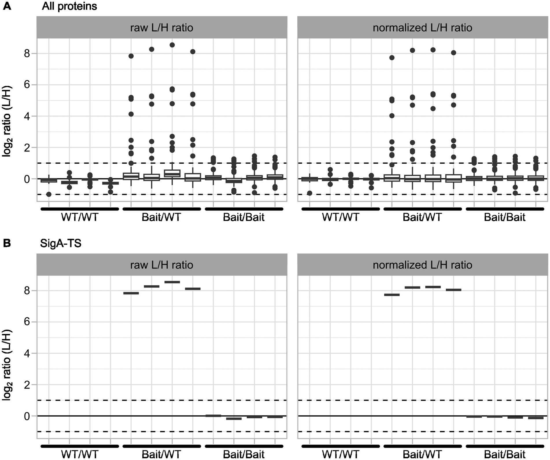 Two sets of box plots displaying log2 L/H ratios for protein analysis. Panel A shows