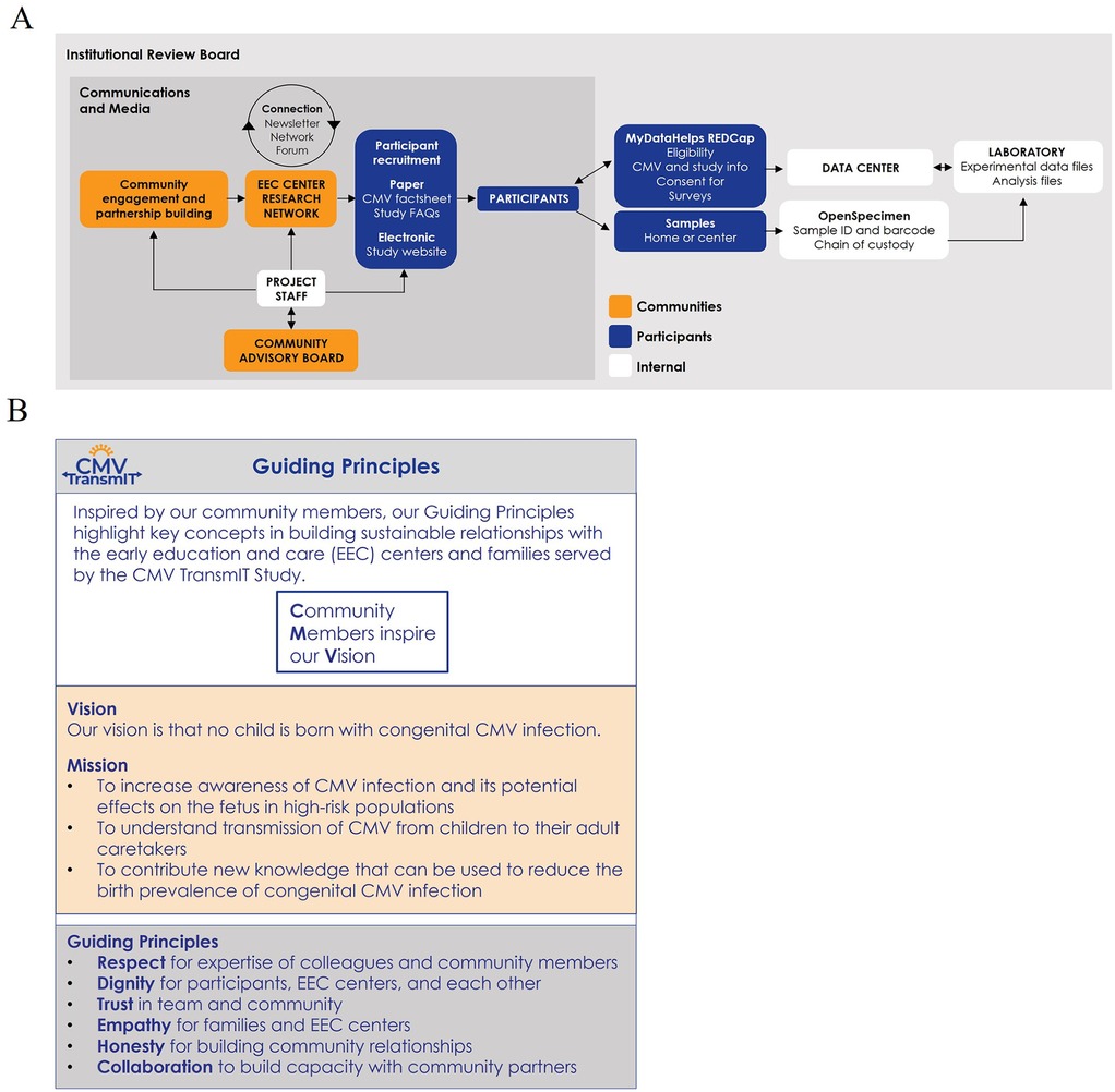 Panel A shows a flowchart of the CMV TransmIT study process, including community engagement, participant recruitment, data handling, and laboratory analysis. Panel B presents the guiding principles of the CMV TransmIT study, emphasizing community inspiration, the mission to prevent congenital CMV infection, and values like respect, dignity, and collaboration.