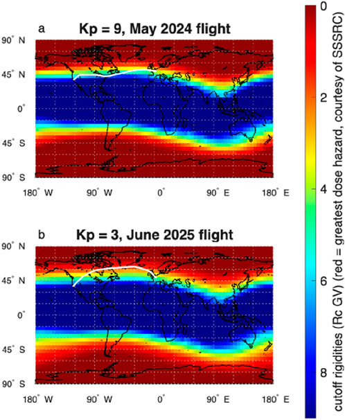 Two world maps comparing cutoff rigidities for flights: a) Kp = 9, May 2024, showing a high dose hazard in red at higher latitudes; b) Kp = 3, June 2025, showing a similar pattern with less severe conditions. Color scale indicates dose hazard, with red being the greatest.