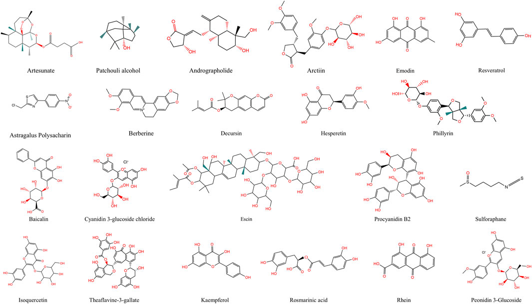 Chemical structures of various compounds are displayed, including Artesunate, Patchouli alcohol, Andrographolide, Arctiin, Emodin, Resveratrol, Astragalus Polysaccharide, Berberine, Decursin, Hesperetin, Phillyrin, Baicalin, Cyanidin 3-glucoside chloride, Isoquercetin, Theaflavine-3-gallate, Kaempferol, Rosmarinic acid, Escin, Procyanidin B2, Sulforaphane, Rhein, and Peonidin 3-Glucoside. Each compound's molecular structure is detailed with specific bonds and functional groups highlighted.
