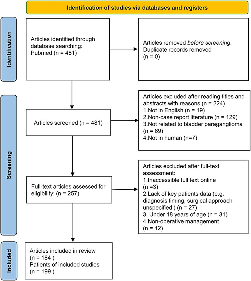 Flowchart illustrating the identification process of studies via databases and registers. Four main steps: Identification, Screening, Eligibility, and Inclusion. Initially, 481 articles were identified from PubMed, with none removed as duplicates. In the screening phase, 257 articles were assessed, and 224 were excluded for reasons like language, non-case report literature, irrelevance to bladder paraganglioma, and non-human studies. During eligibility assessment, 73 were excluded for full-text inaccessibility, lack of data, age, and non-operative management. Finally, 184 articles were included in the review, covering 199 patients.