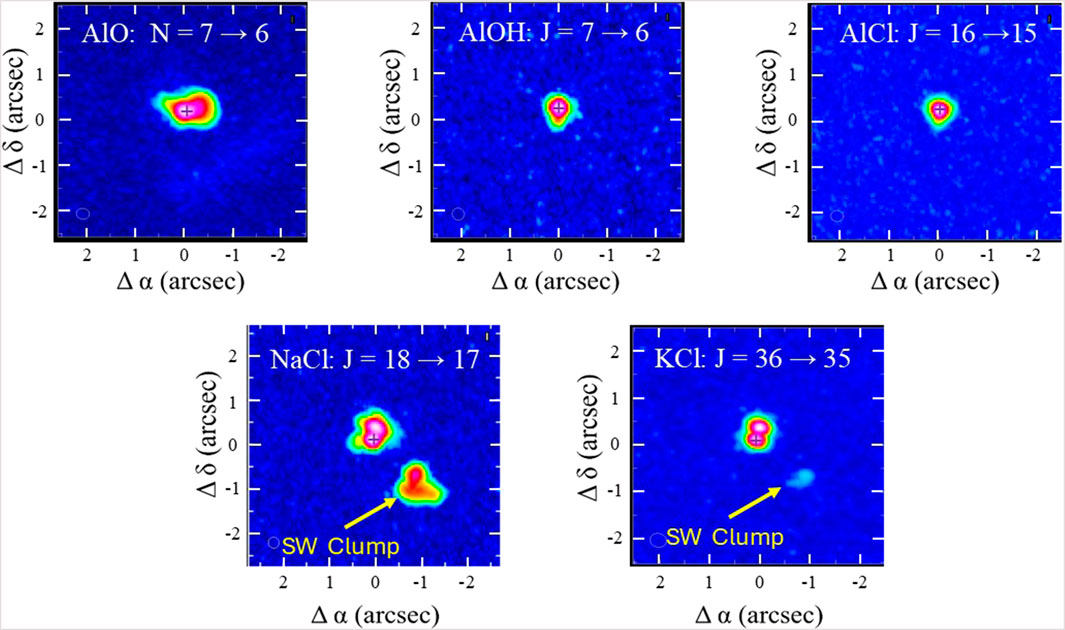 Five heatmap panels displaying molecular signatures in space with blue backgrounds and colorful central regions. Each panel is labeled with a different molecule and transition: AlO (N = 7 to 6), AlOH (J = 7 to 6), AlCl (J = 16 to 15), NaCl (J = 18 to 17), and KCl (J = 36 to 35). Axes represent angular measurements in arcseconds. Yellow arrows on the NaCl and KCl panels point to labeled