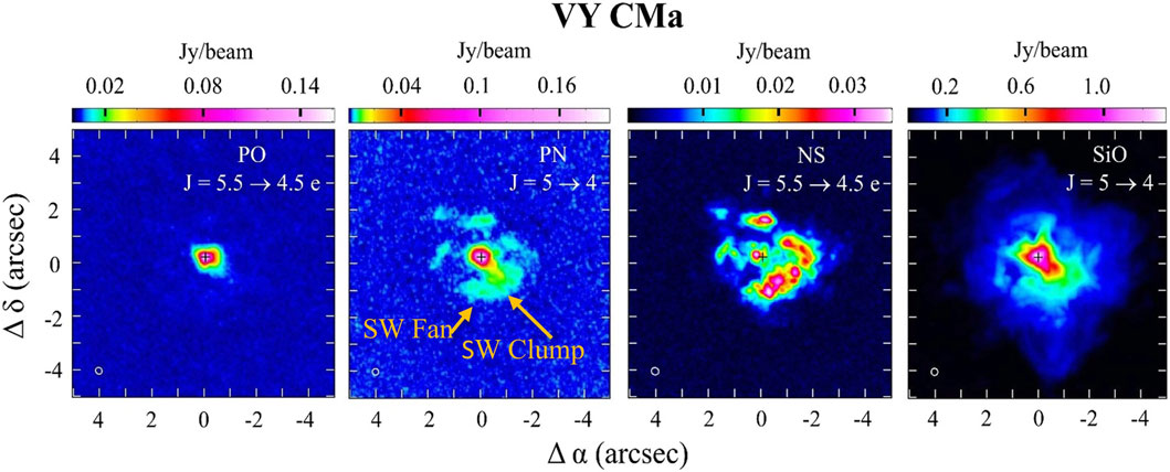 Radio emission maps of VY CMa in four panels, each showing different spectral transitions: PO, PN, NS, and SiO. Bright regions indicate higher intensity, with color scales ranging from blue to pink, labeled in Jy/beam. Features labeled as SW Fan and SW Clump are visible in the PN panel.