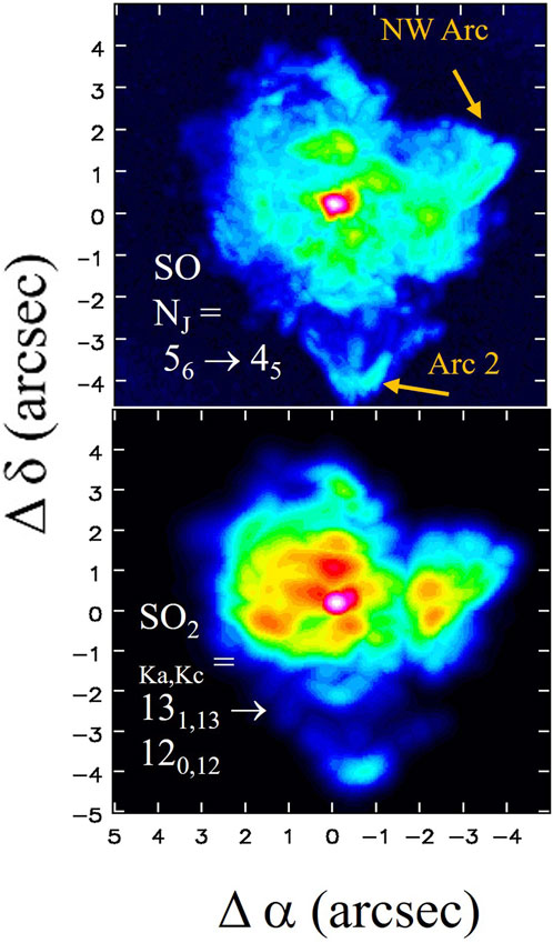 Two false-color astronomical images displaying molecular emission maps. The top image shows sulfur monoxide (SO) emissions with marked features