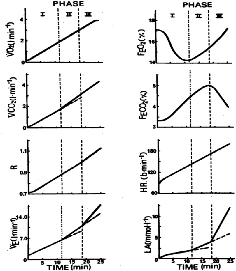 Nine-panel graph showing physiological responses over time divided into three phases. Panels include:1. VO2 (liters per minute) increases linearly.2. VCO2 (liters per minute) also increases linearly.3. Respiratory Exchange Ratio (R) gradually rises.4. Ventilation (VE) increases with a pronounced slope change.5. Fraction of Expired Oxygen (FEO2) initially drops then rises.6. Fraction of Expired Carbon Dioxide (FECO2) increases, peaking before decreasing.7. Heart Rate (HR, beats per minute) steadily climbs.8. Blood Lactate (LA, millimoles per liter) sharply increases after minute 15.9. Trends are plotted over 25 minutes, separated into pre-defined phases.