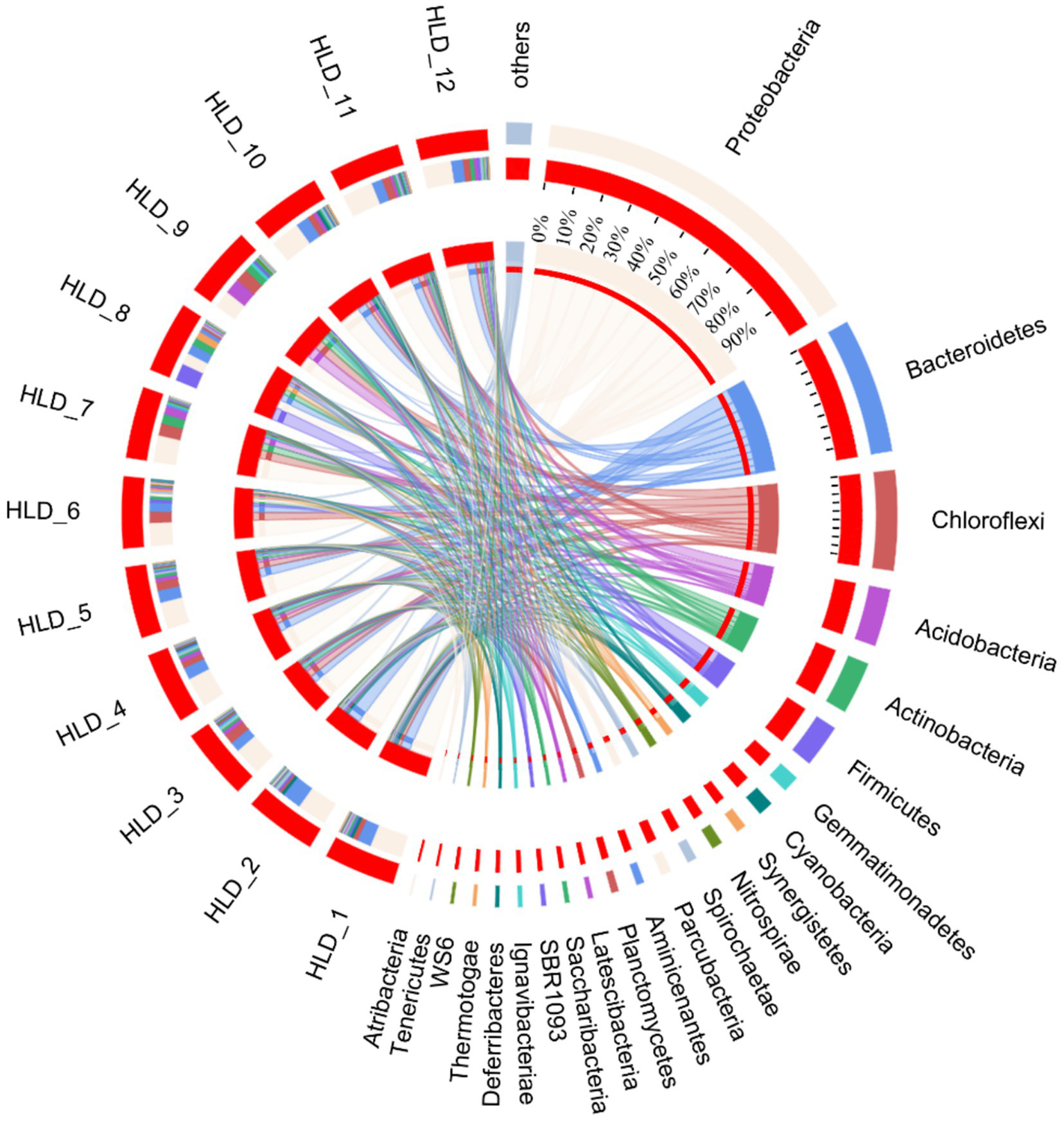 Circular diagram displaying connections between two sets of categories: HLD groups (HLD_1 to HLD_12 and others) and various bacterial phyla, such as Proteobacteria, Bacteroidetes, and Chloroflexi. Colored bands link the categories, representing data relationships. Percentage markings from zero to ninety percent appear above the bacteria categories.